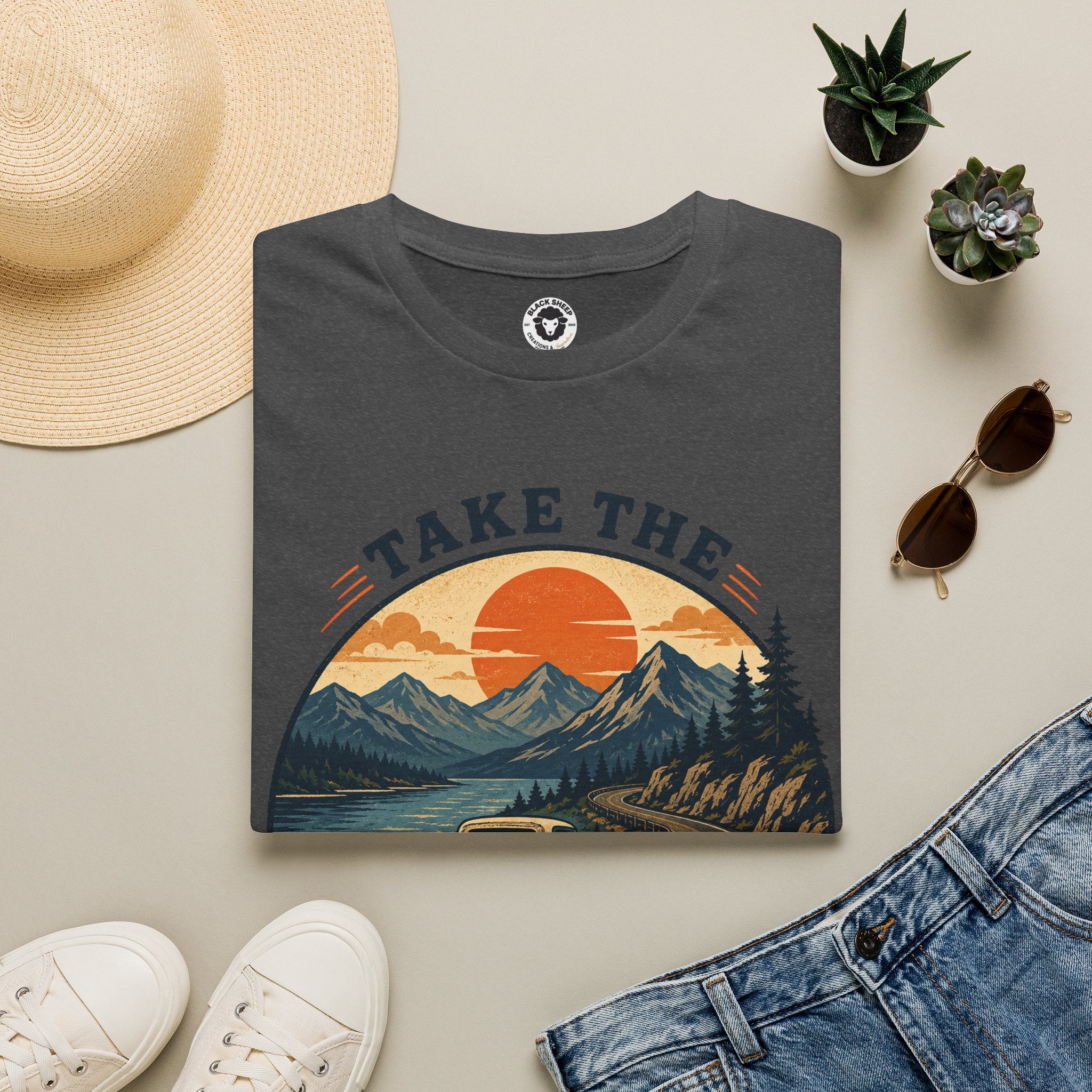 Long Road Adventure T-Shirt — “Take the Long Way Home” Vintage Mountain Sunset Tee