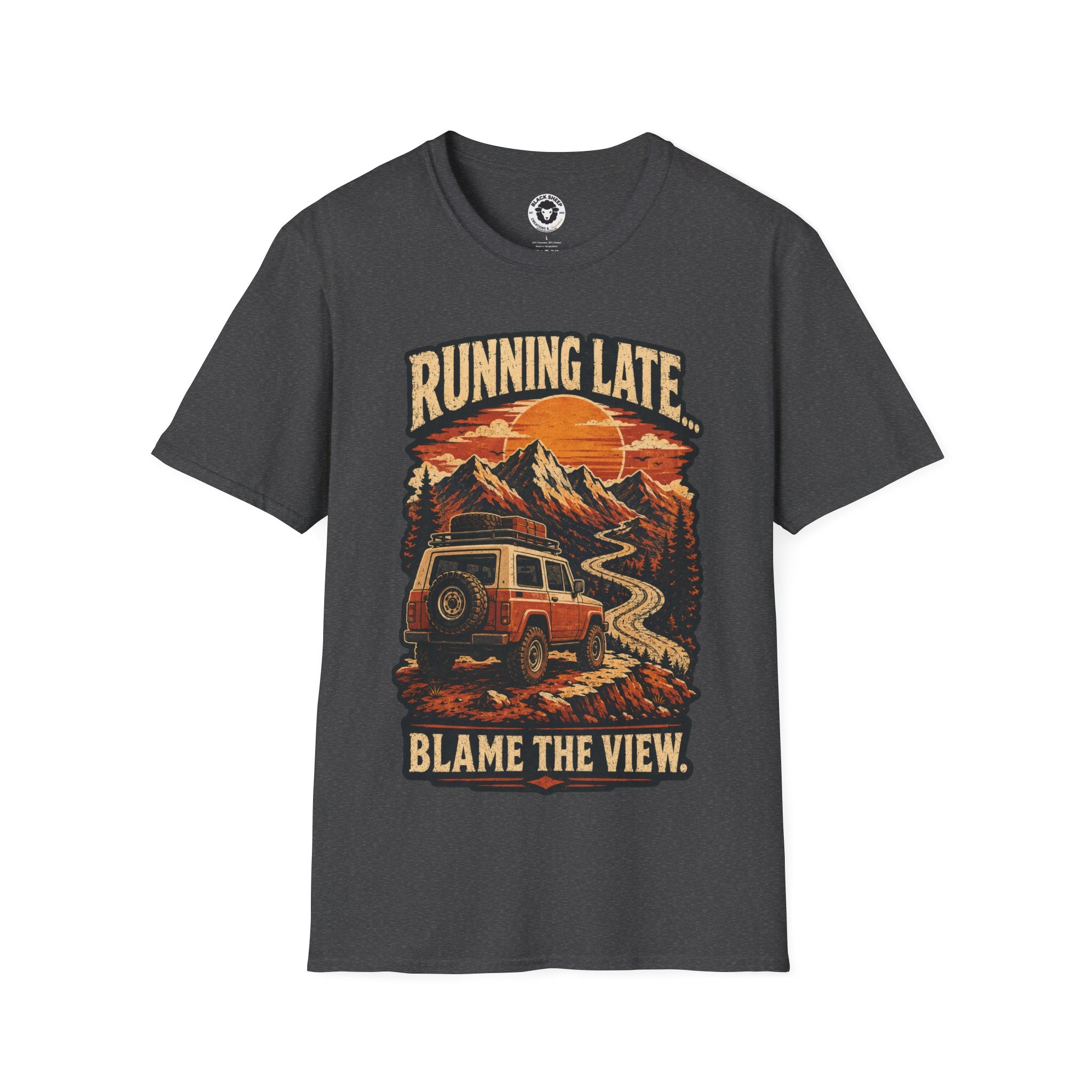 Running Late Adventure T‑Shirt — Retro Mountain Camper Graphic
