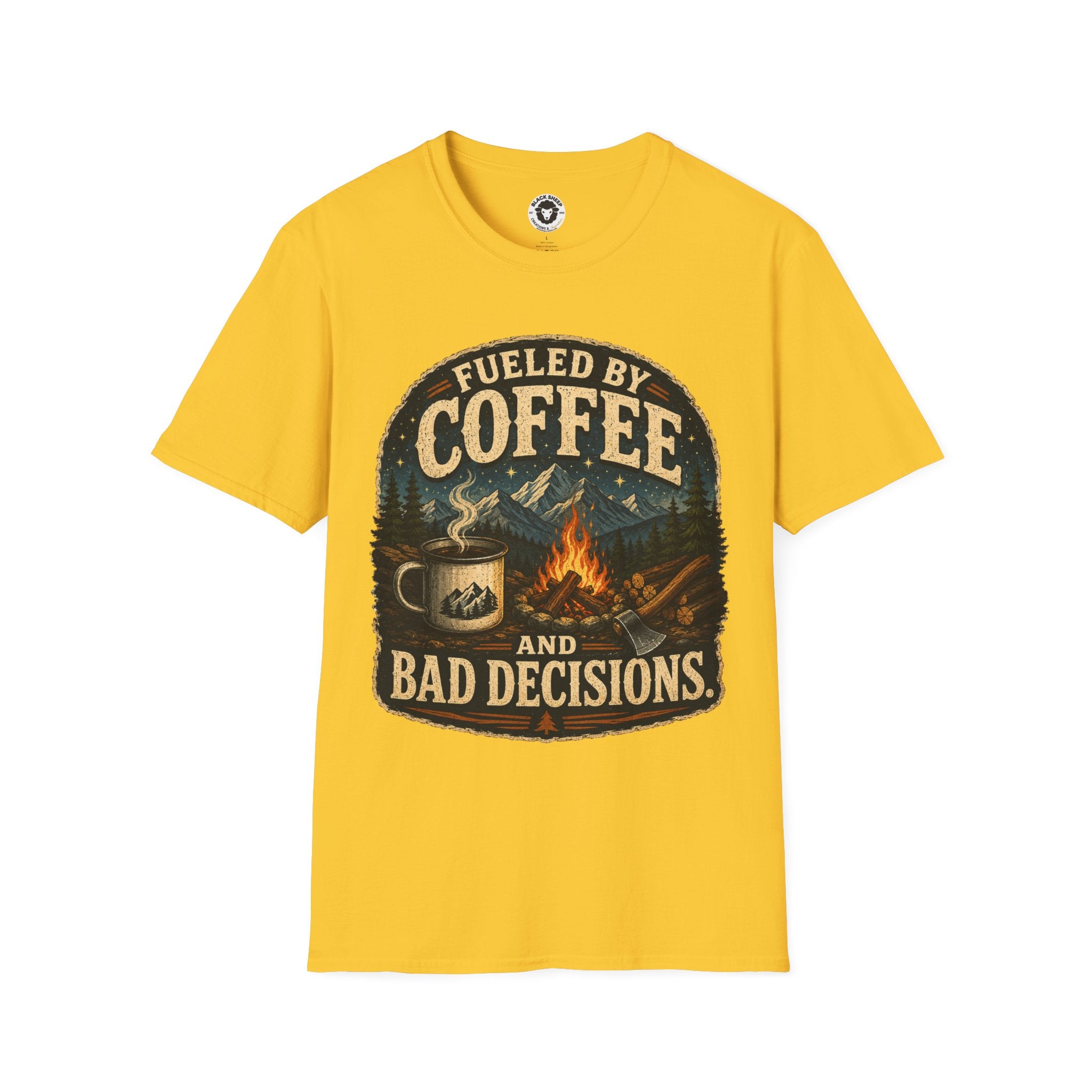 Coffee T-Shirt — "Fueled by Coffee (and Bad Decisions)" Vintage Camping Tee