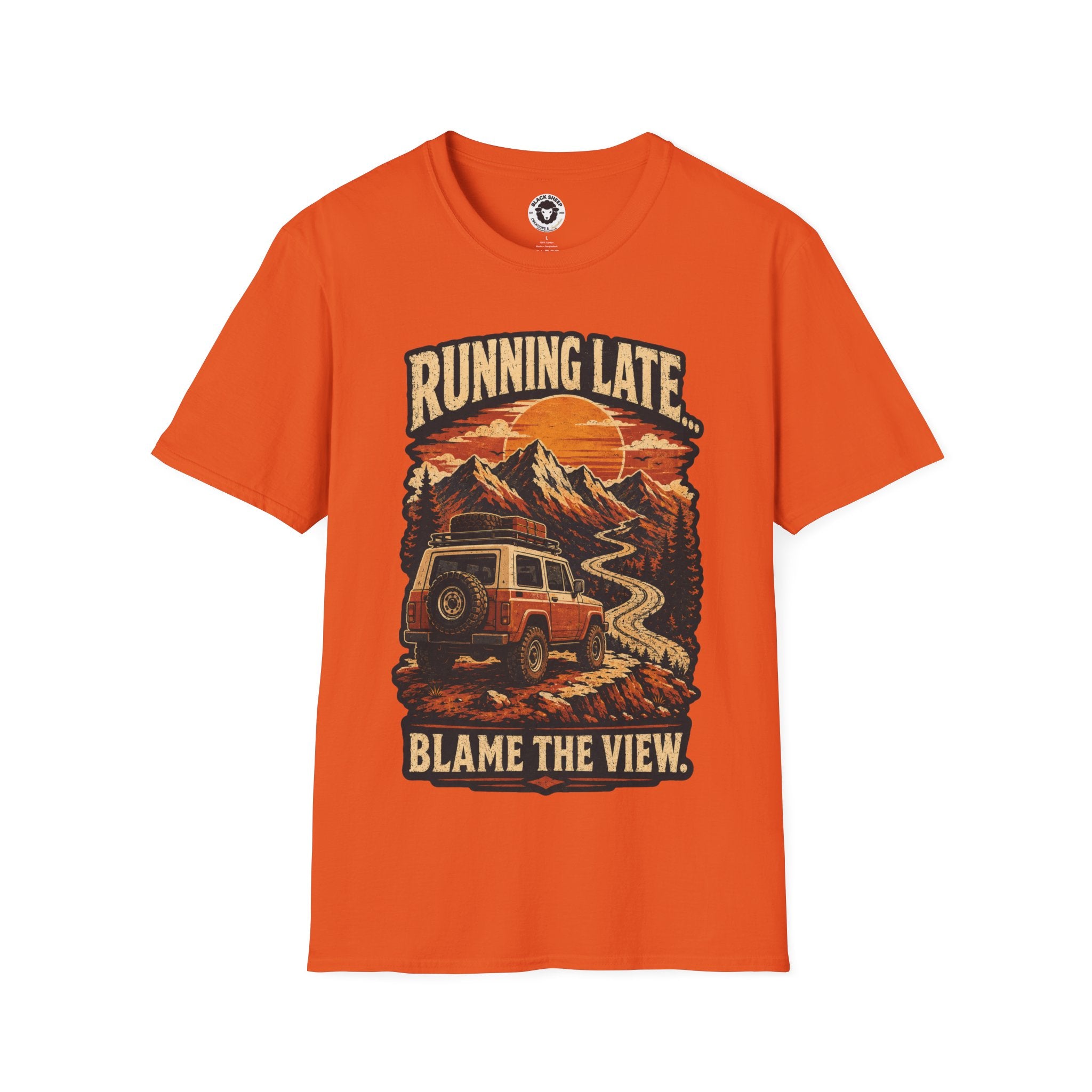 Running Late Adventure T‑Shirt — Retro Mountain Camper Graphic