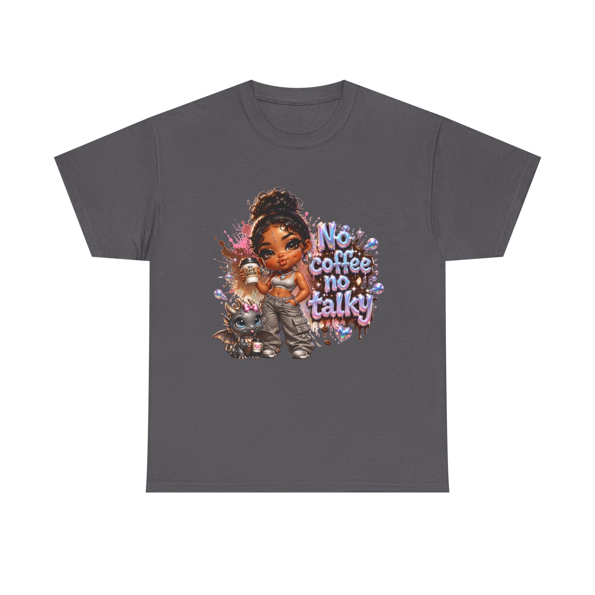 T-Shirt — "No Coffee No Talky" Cute Girl & Cat Graphic Tee