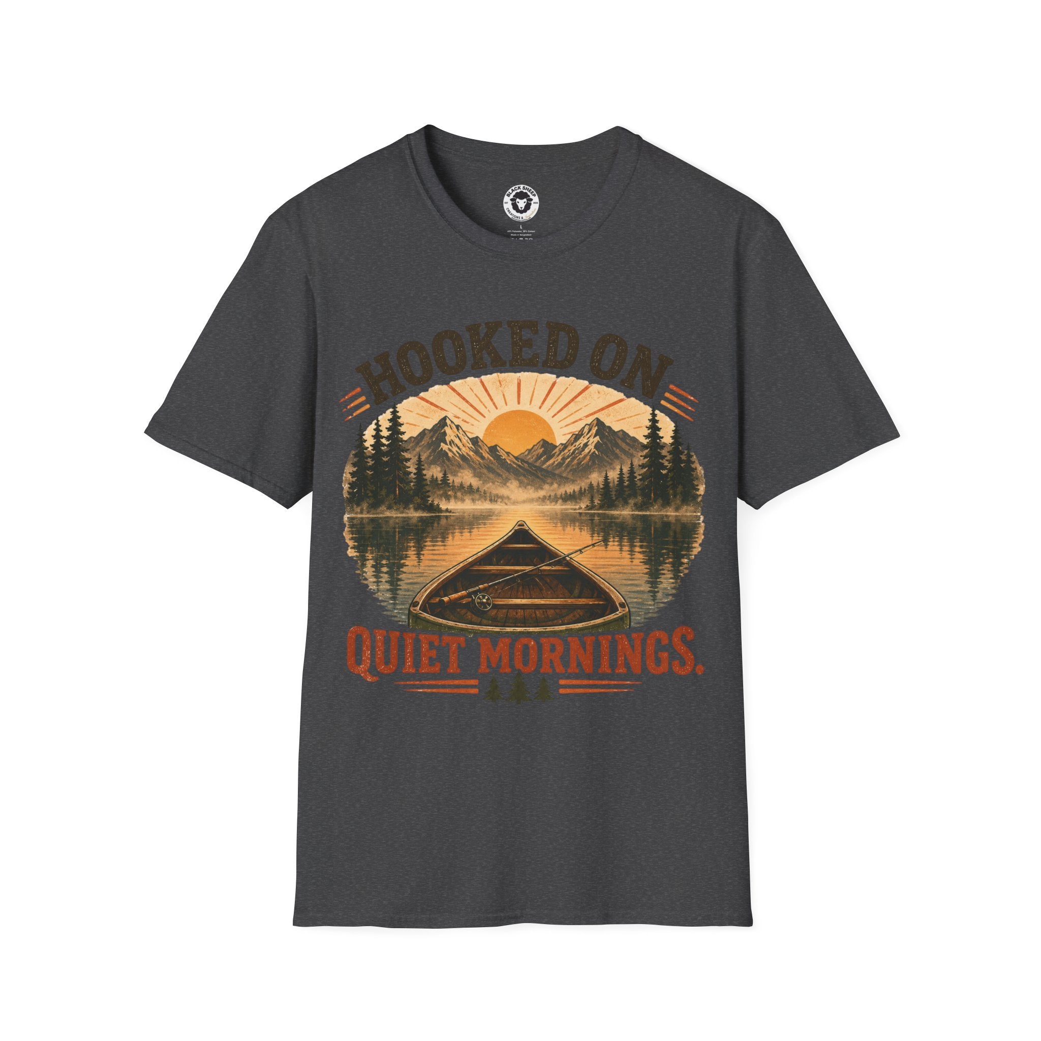 Camping T-Shirt — "Hooked On Quiet Mornings" Retro Mountain & Lake Fishing Tee