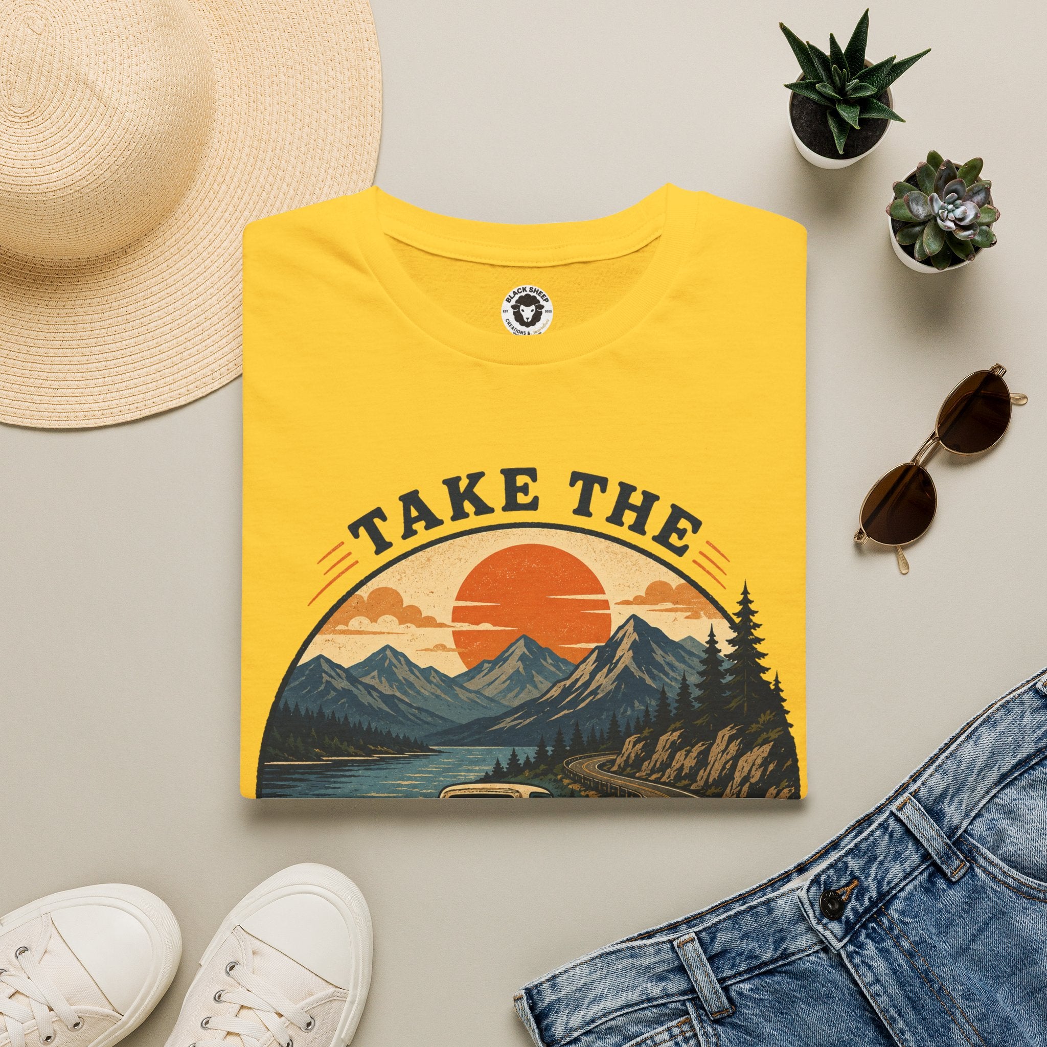 Long Road Adventure T-Shirt — “Take the Long Way Home” Vintage Mountain Sunset Tee
