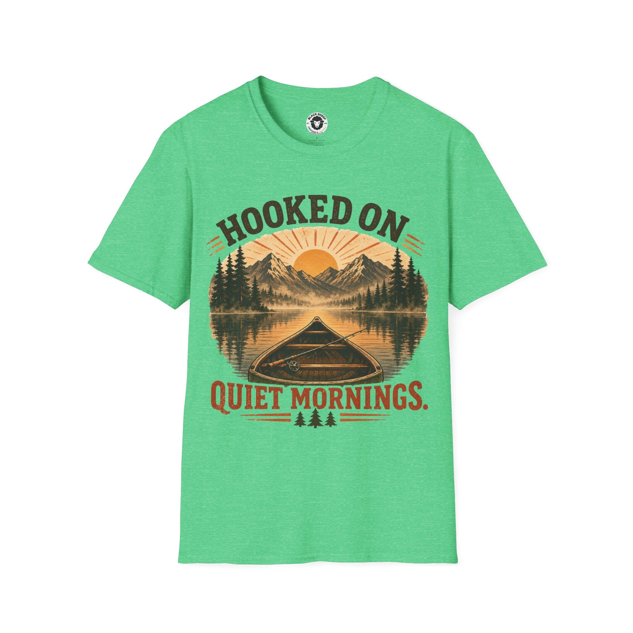 Camping T-Shirt — "Hooked On Quiet Mornings" Retro Mountain & Lake Fishing Tee