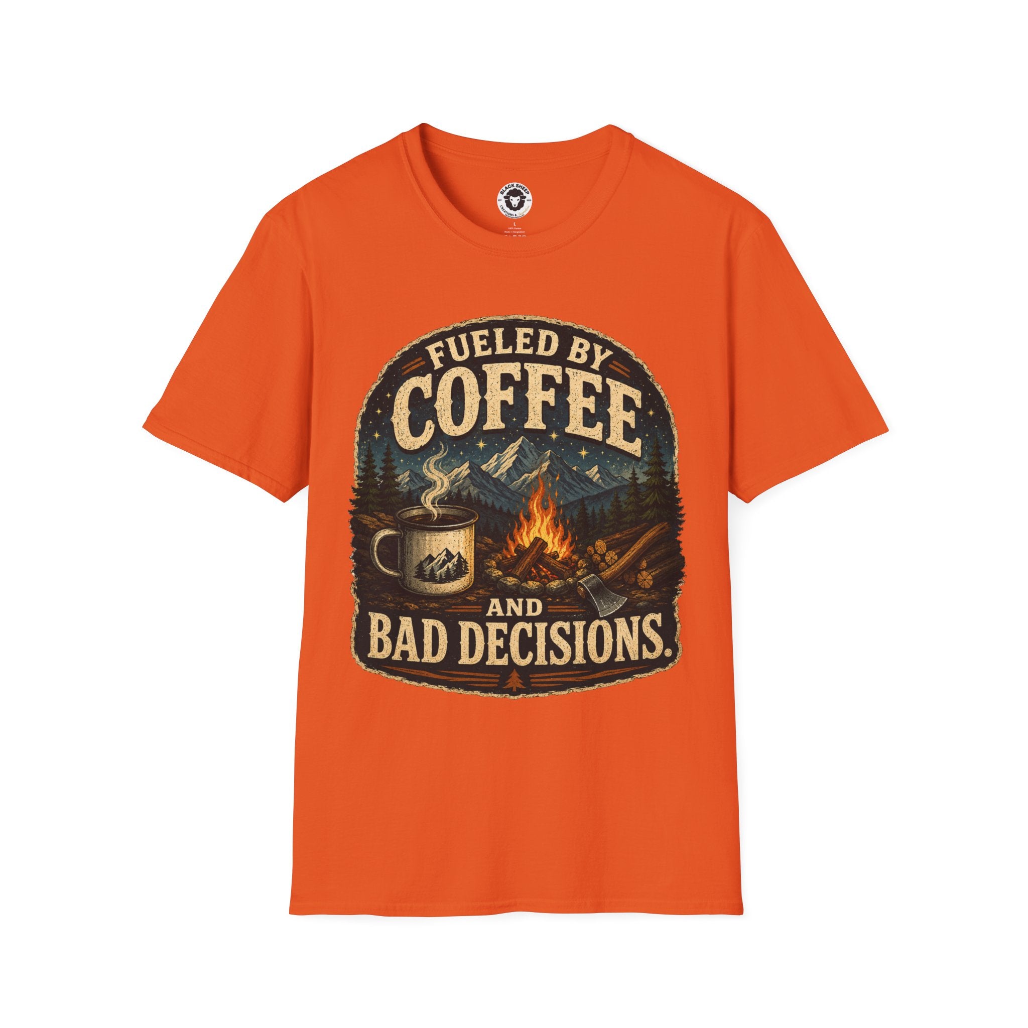 Coffee T-Shirt — "Fueled by Coffee (and Bad Decisions)" Vintage Camping Tee