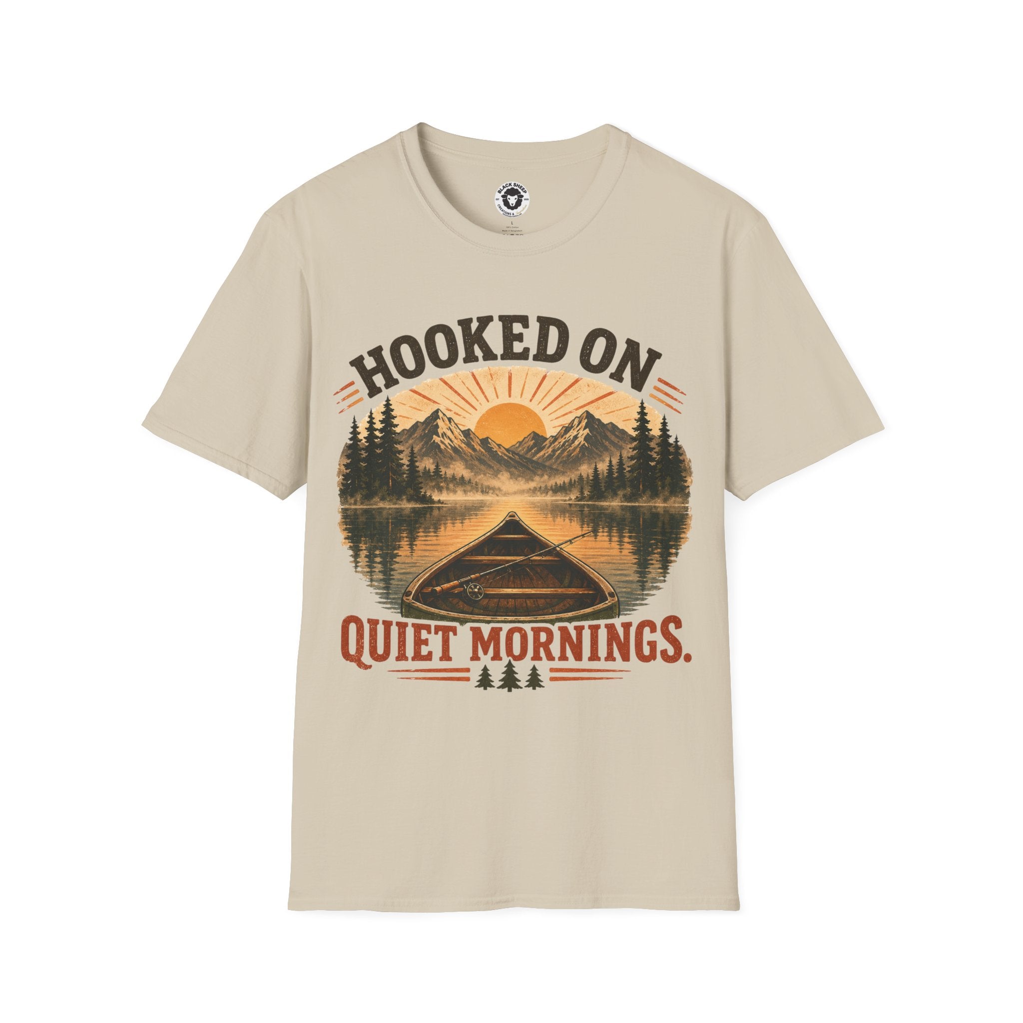 Camping T-Shirt — "Hooked On Quiet Mornings" Retro Mountain & Lake Fishing Tee