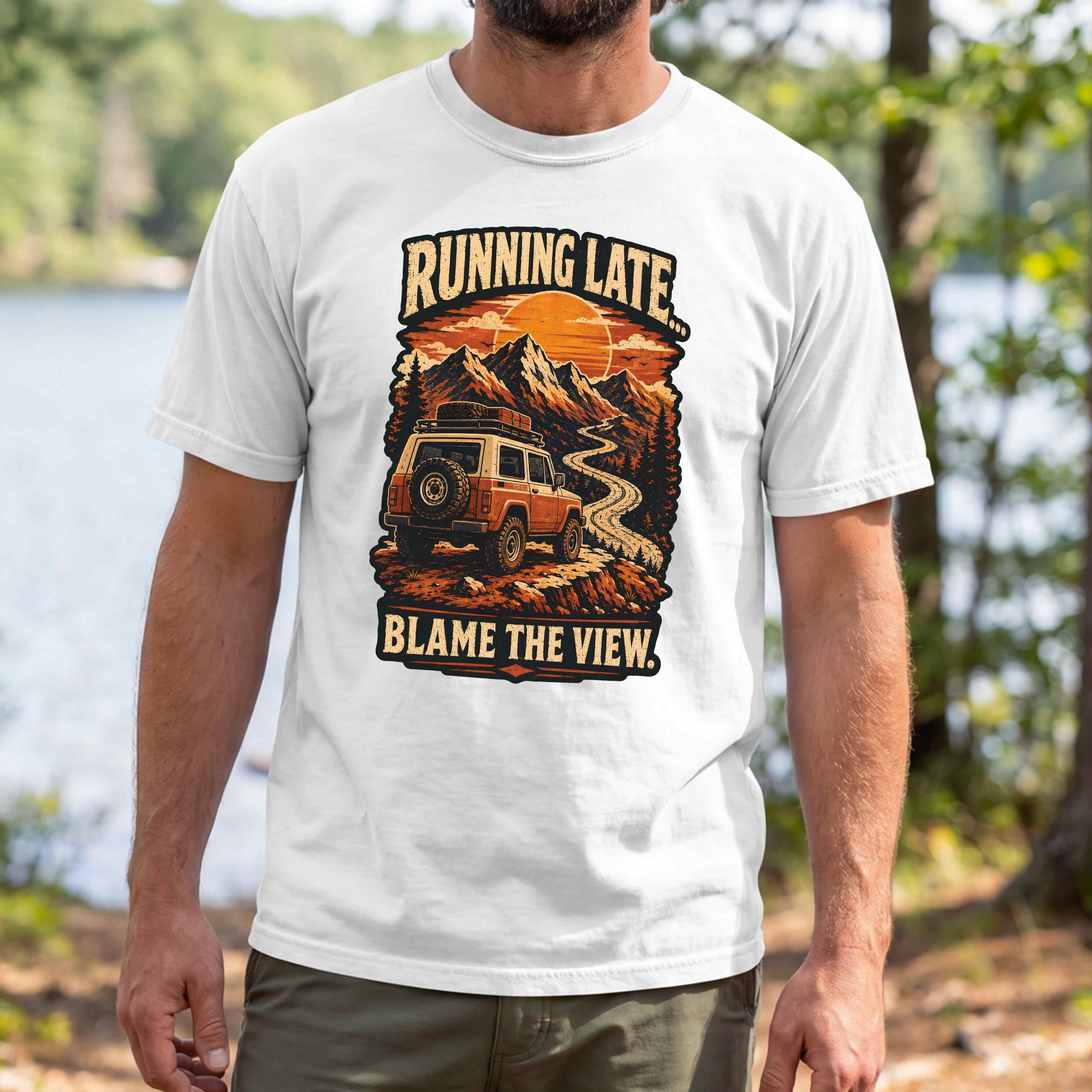Running Late Adventure T‑Shirt — Retro Mountain Camper Graphic