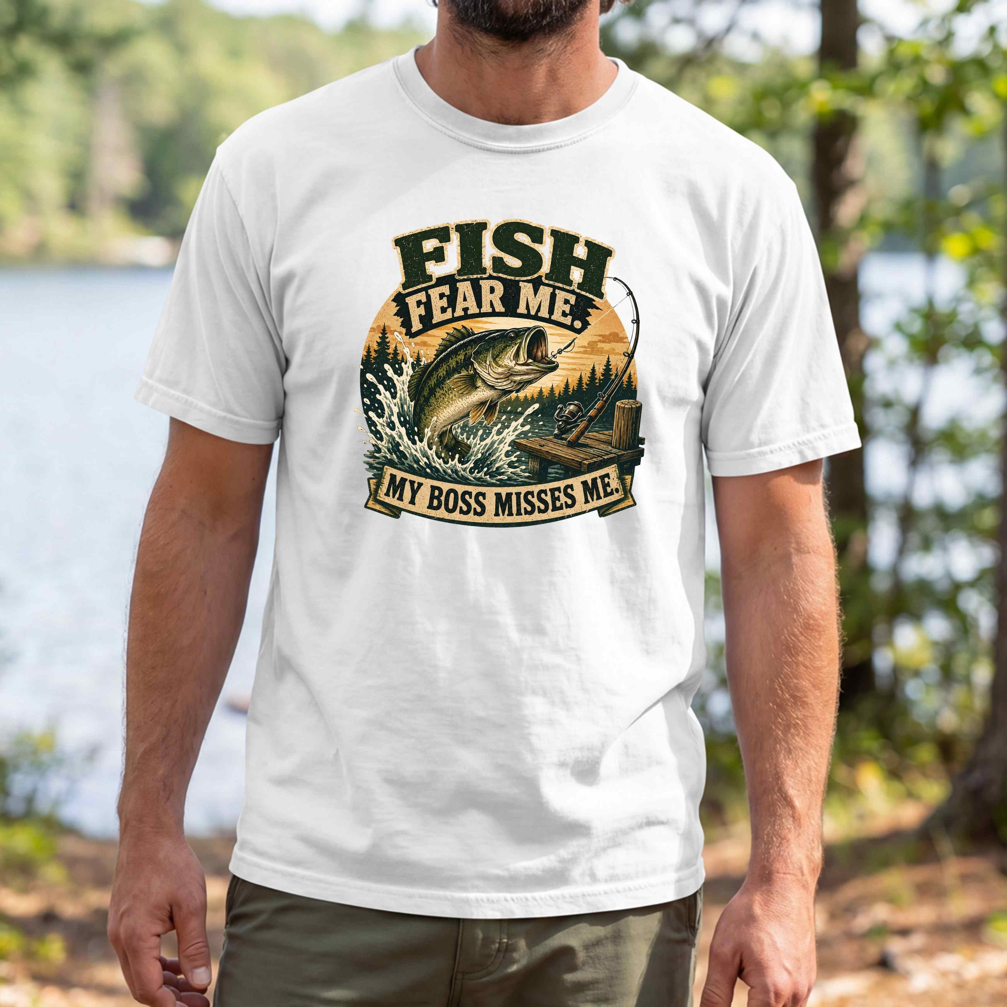 Fish Fear Me T-Shirt — Retro Fishing Graphic Tee ("My Boss Misses Me")