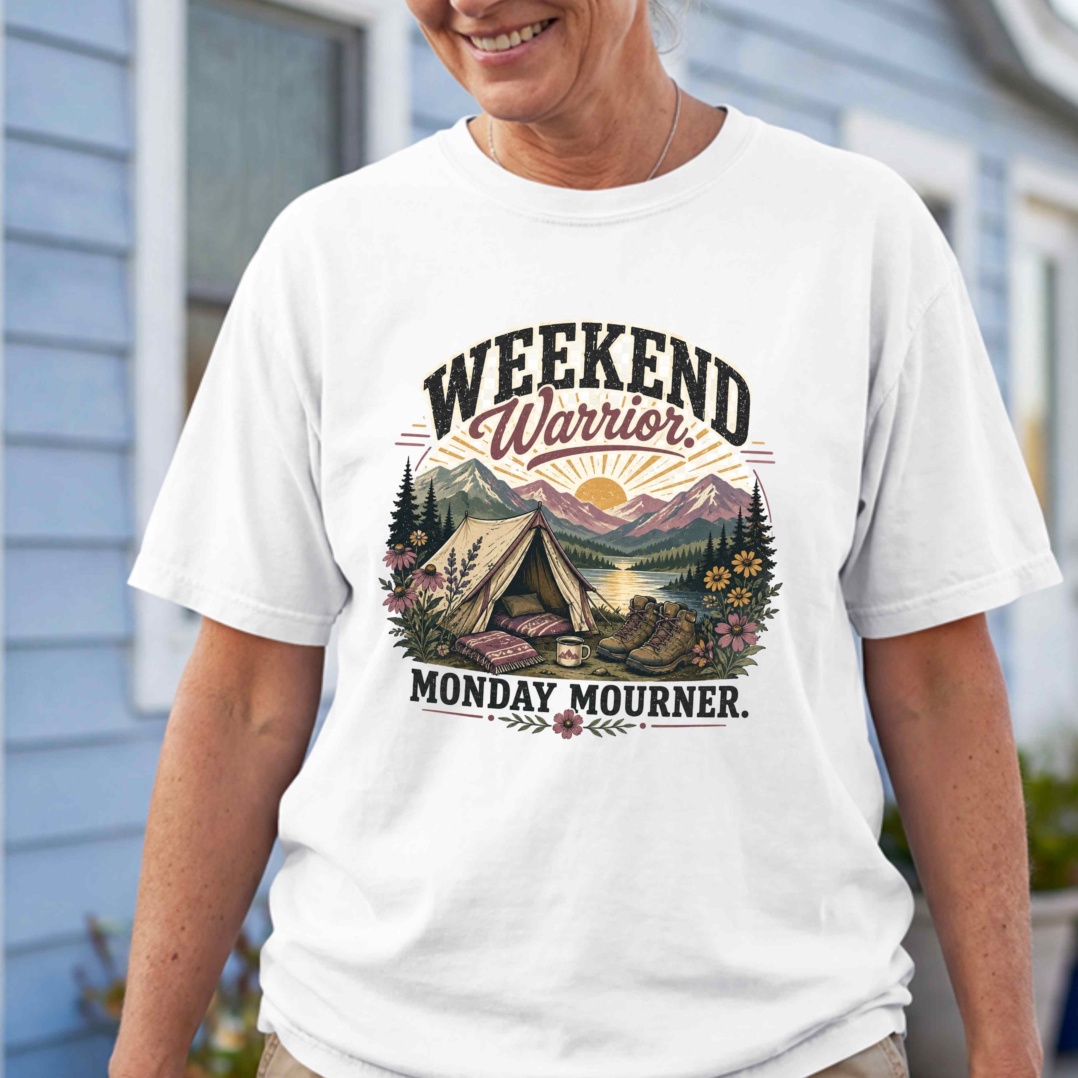 Weekend Warrior T-Shirt — Vintage Camping Adventure Graphic Tee ("Monday Mourns")