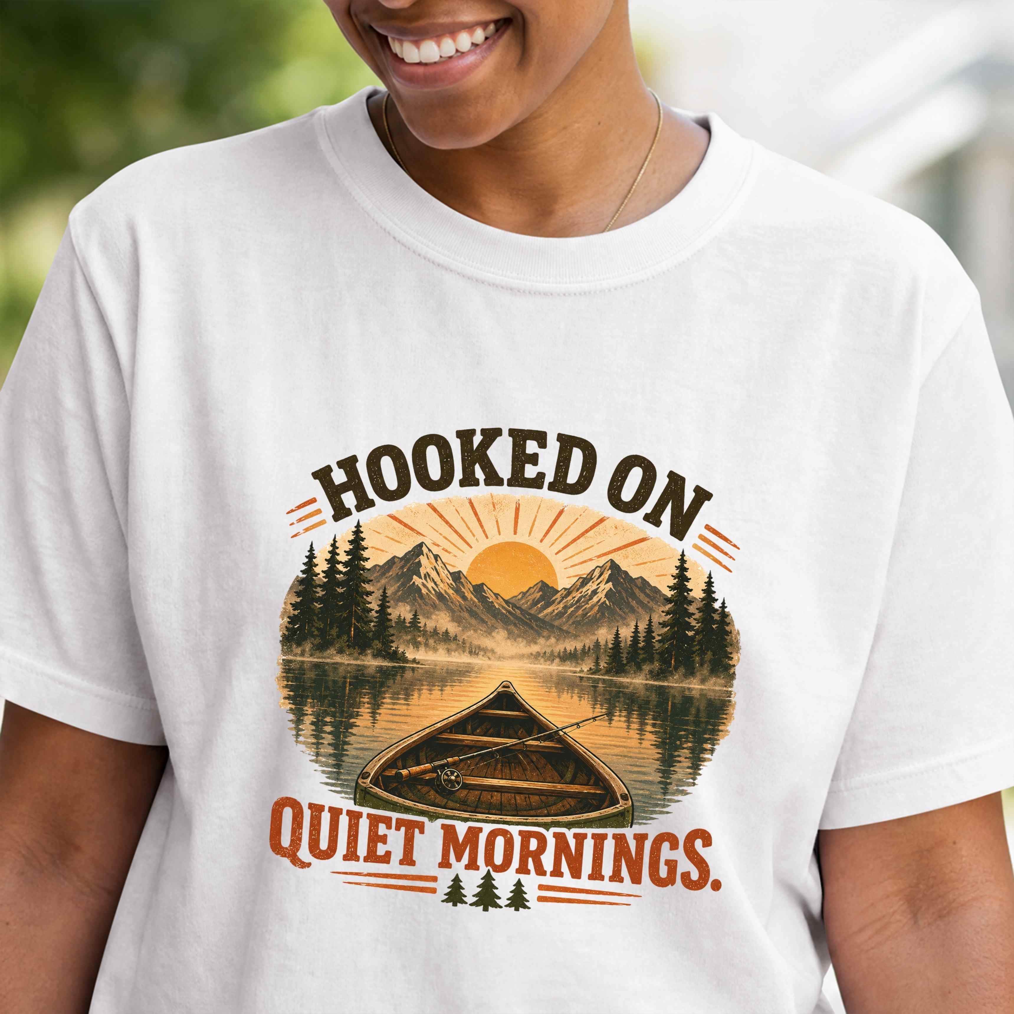 Camping T-Shirt — "Hooked On Quiet Mornings" Retro Mountain & Lake Fishing Tee