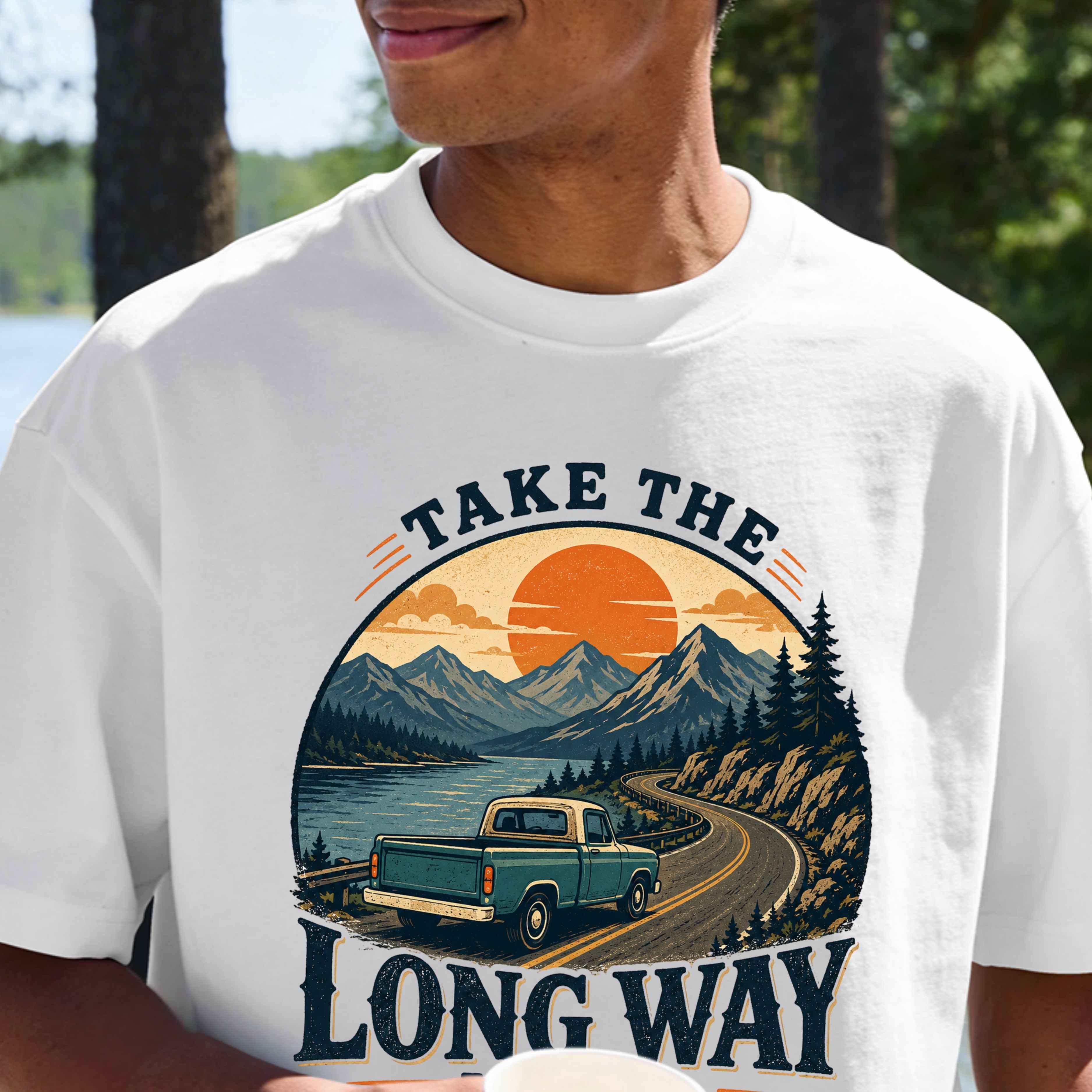 Long Road Adventure T-Shirt — “Take the Long Way Home” Vintage Mountain Sunset Tee