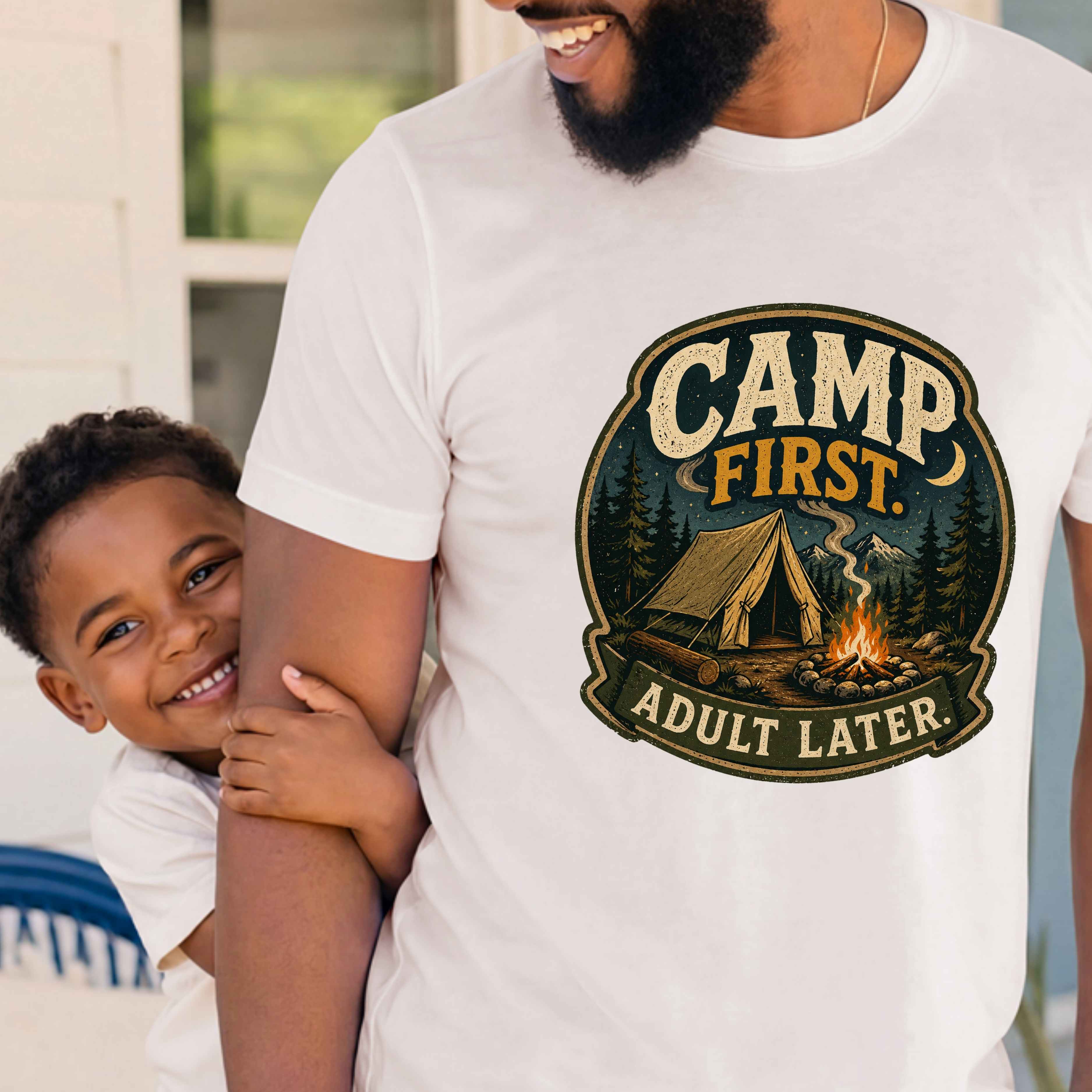 Camp First T‑Shirt — "Camp First, Adult Later" Vintage Camping Tee