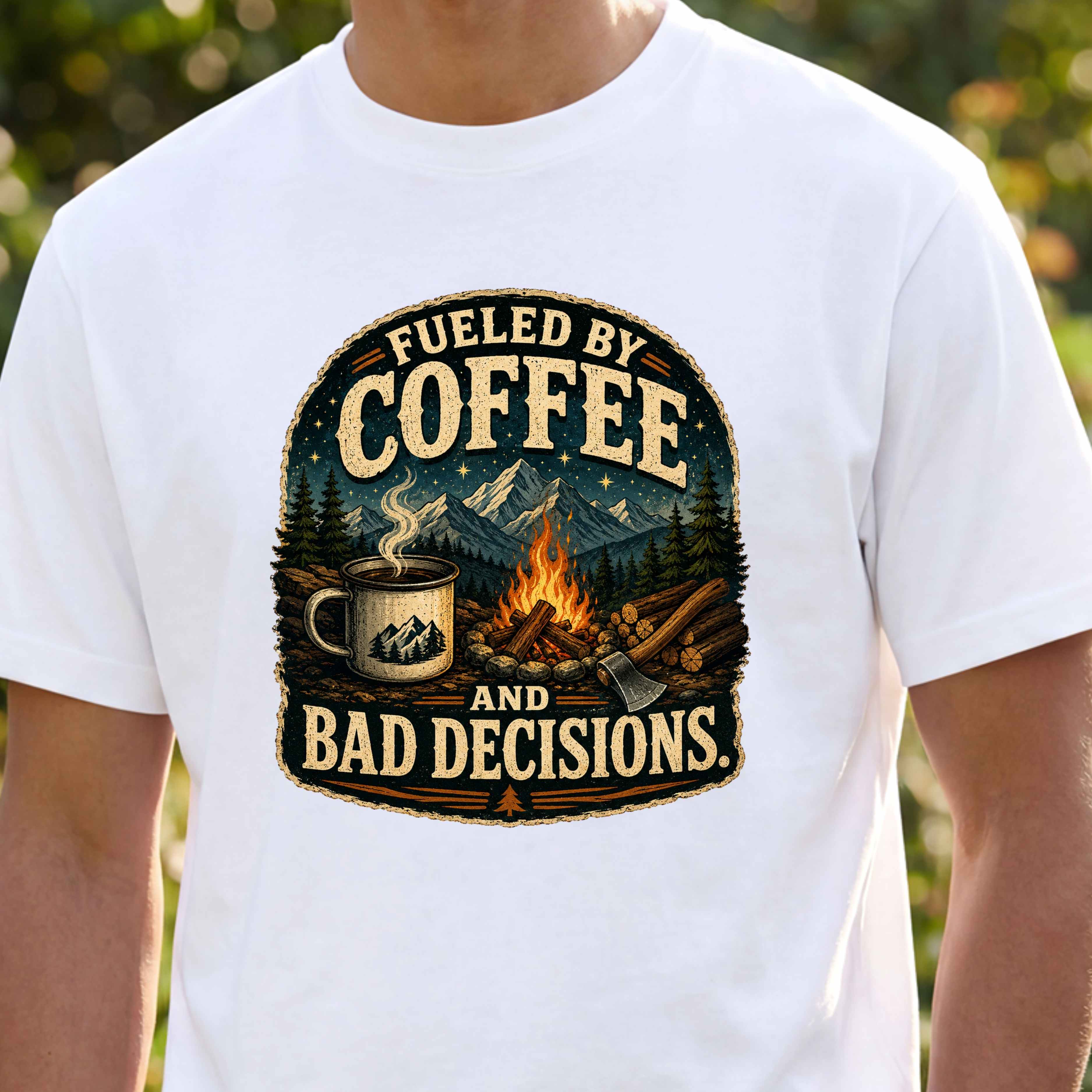 Coffee T-Shirt — "Fueled by Coffee (and Bad Decisions)" Vintage Camping Tee