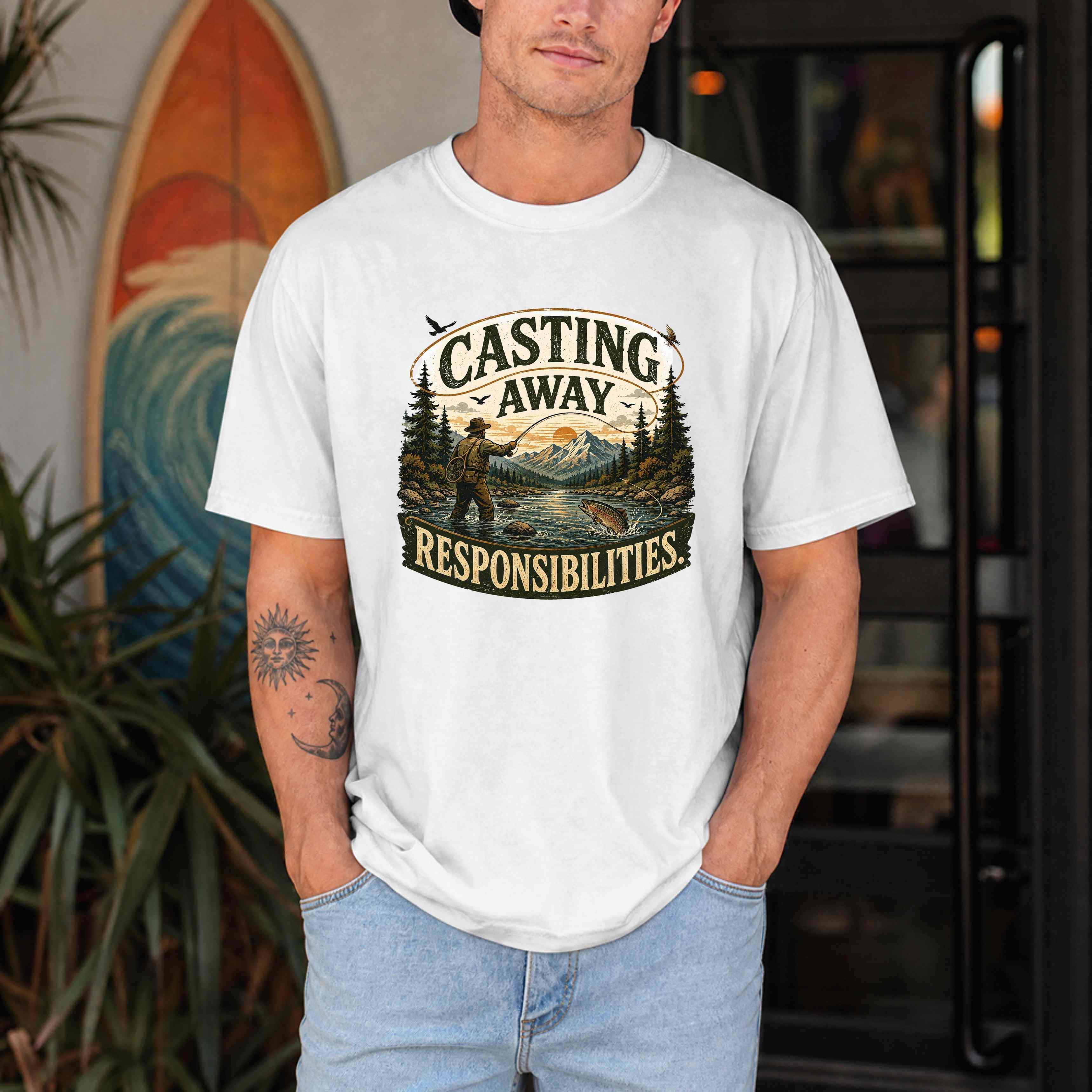 Fishing T-Shirt — "Casting Away Responsibilities" Vintage Outdoor Tee