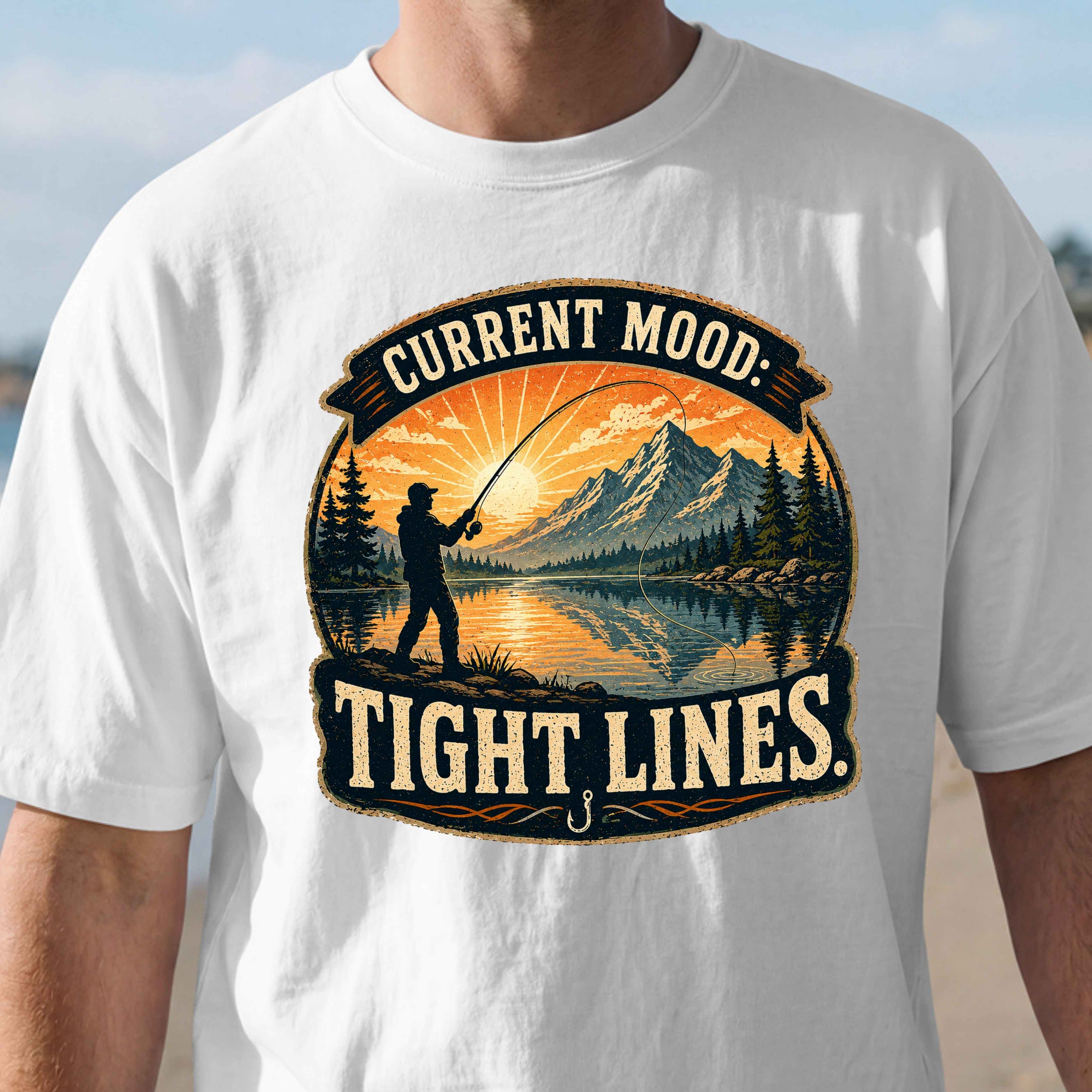 Fishing T-Shirt — “Current Mood: Tight Lines” Vintage Outdoors Tee