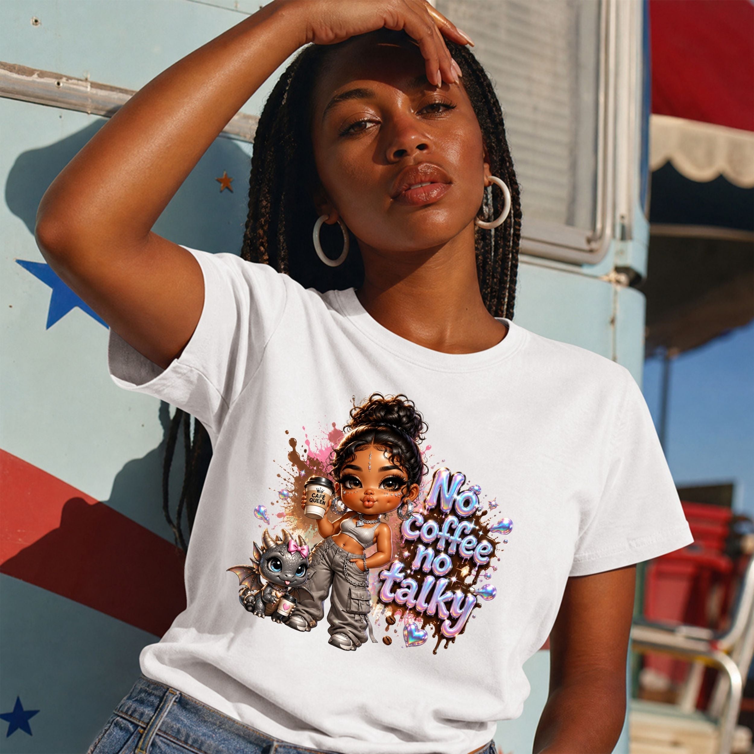 T-Shirt — "No Coffee No Talky" Cute Girl & Cat Graphic Tee
