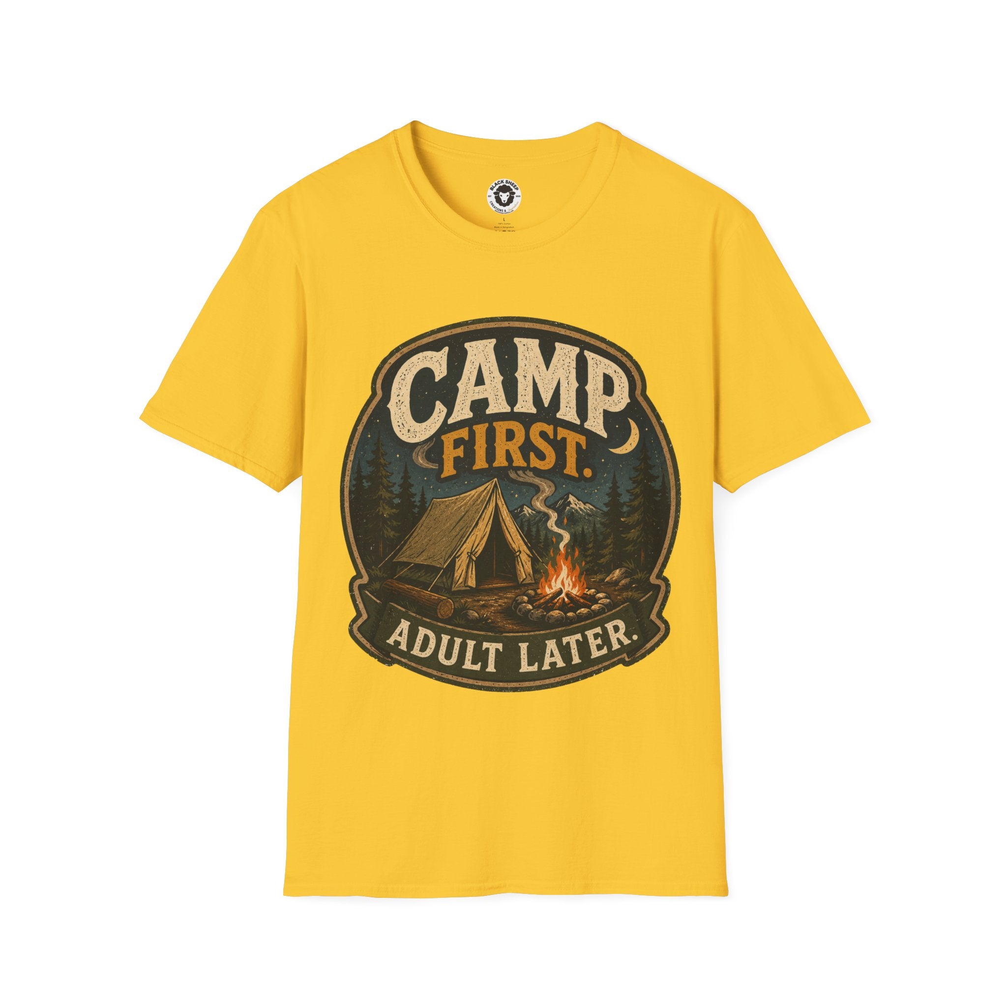 Camp First T‑Shirt — "Camp First, Adult Later" Vintage Camping Tee