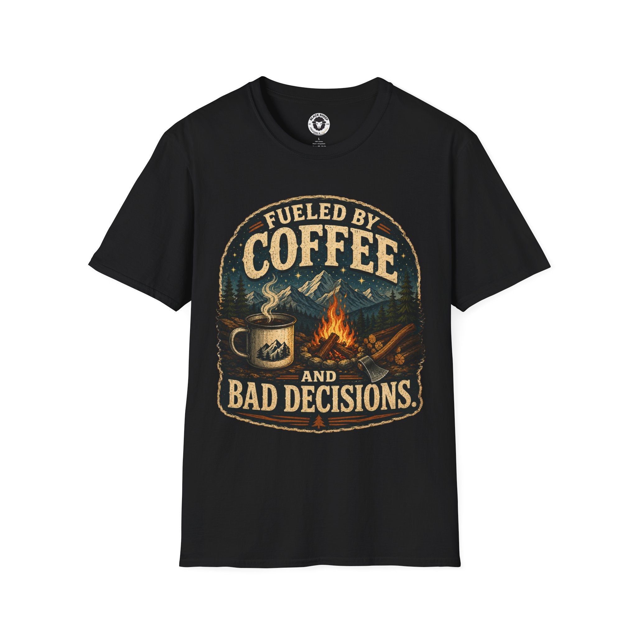 Coffee T-Shirt — "Fueled by Coffee (and Bad Decisions)" Vintage Camping Tee