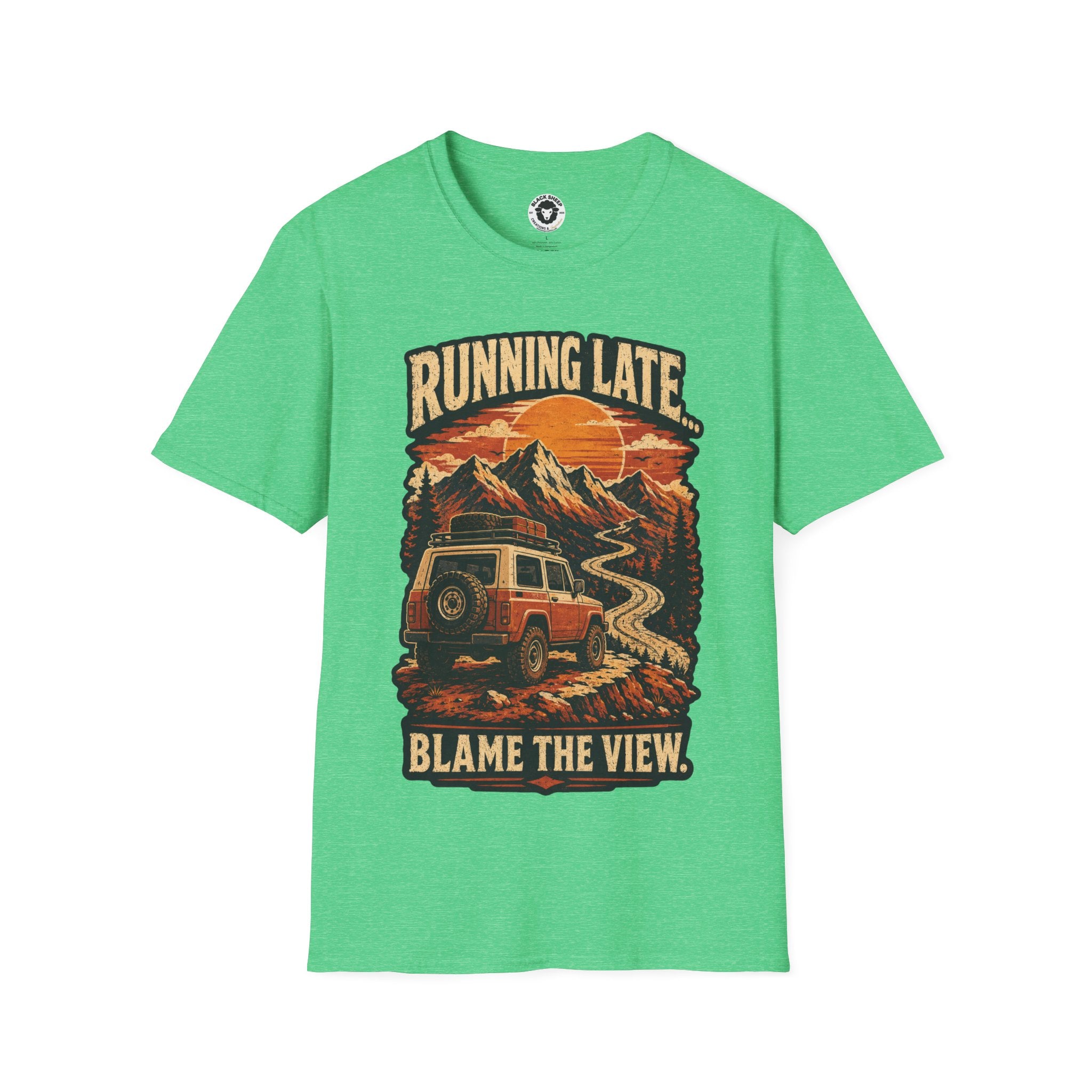 Running Late Adventure T‑Shirt — Retro Mountain Camper Graphic