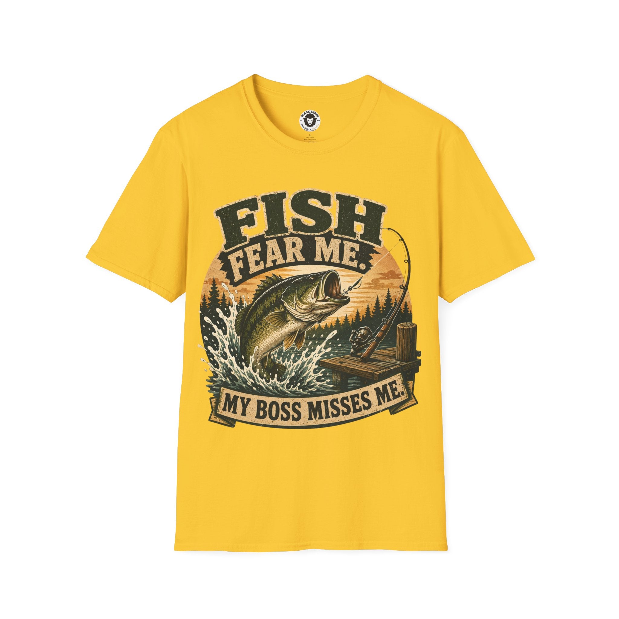 Fish Fear Me T-Shirt — Retro Fishing Graphic Tee ("My Boss Misses Me")