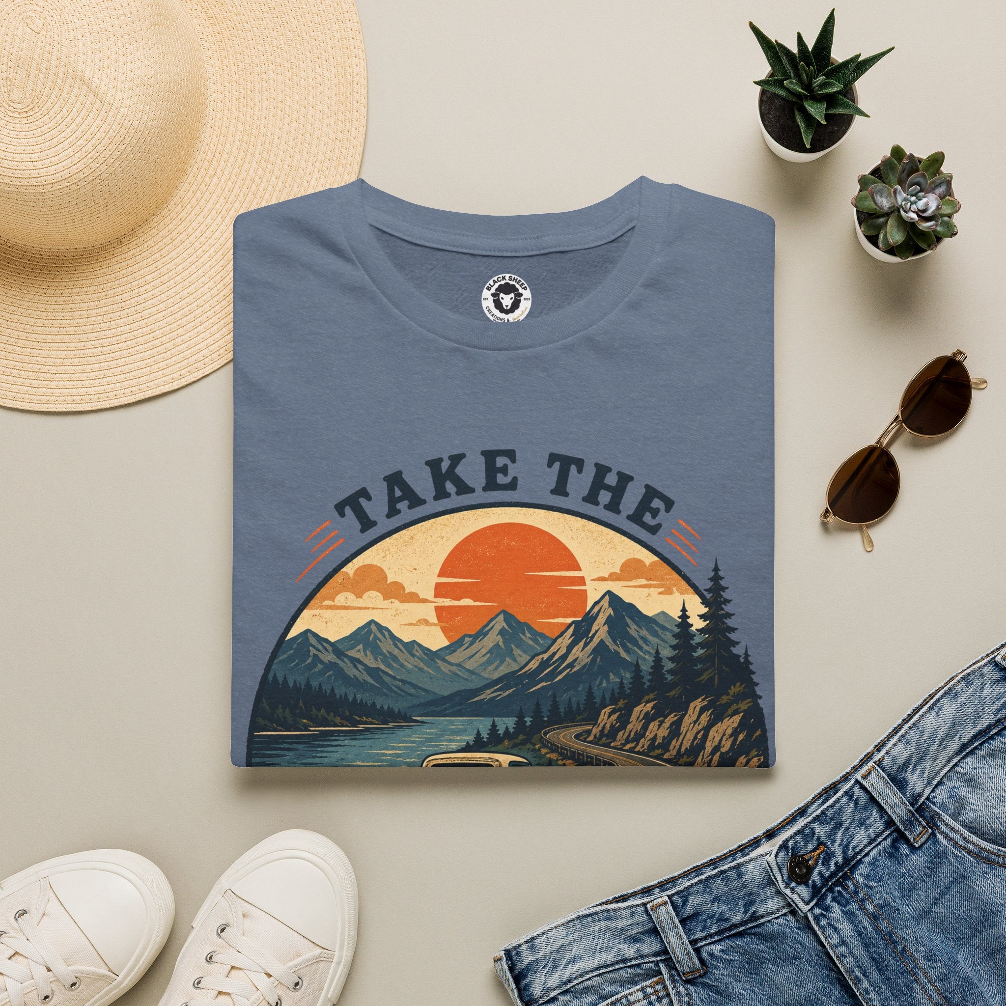Long Road Adventure T-Shirt — “Take the Long Way Home” Vintage Mountain Sunset Tee