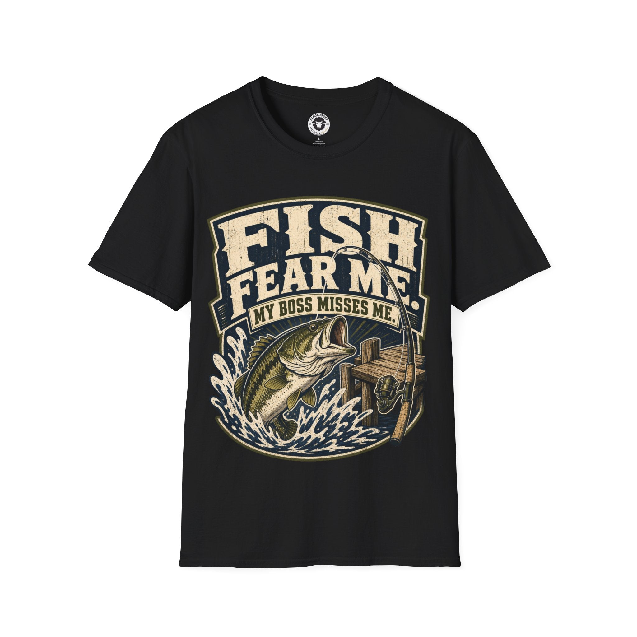 Fishing T-Shirt — "Fish Fear Me, My Boss Misses Me" Graphic Tee for Anglers