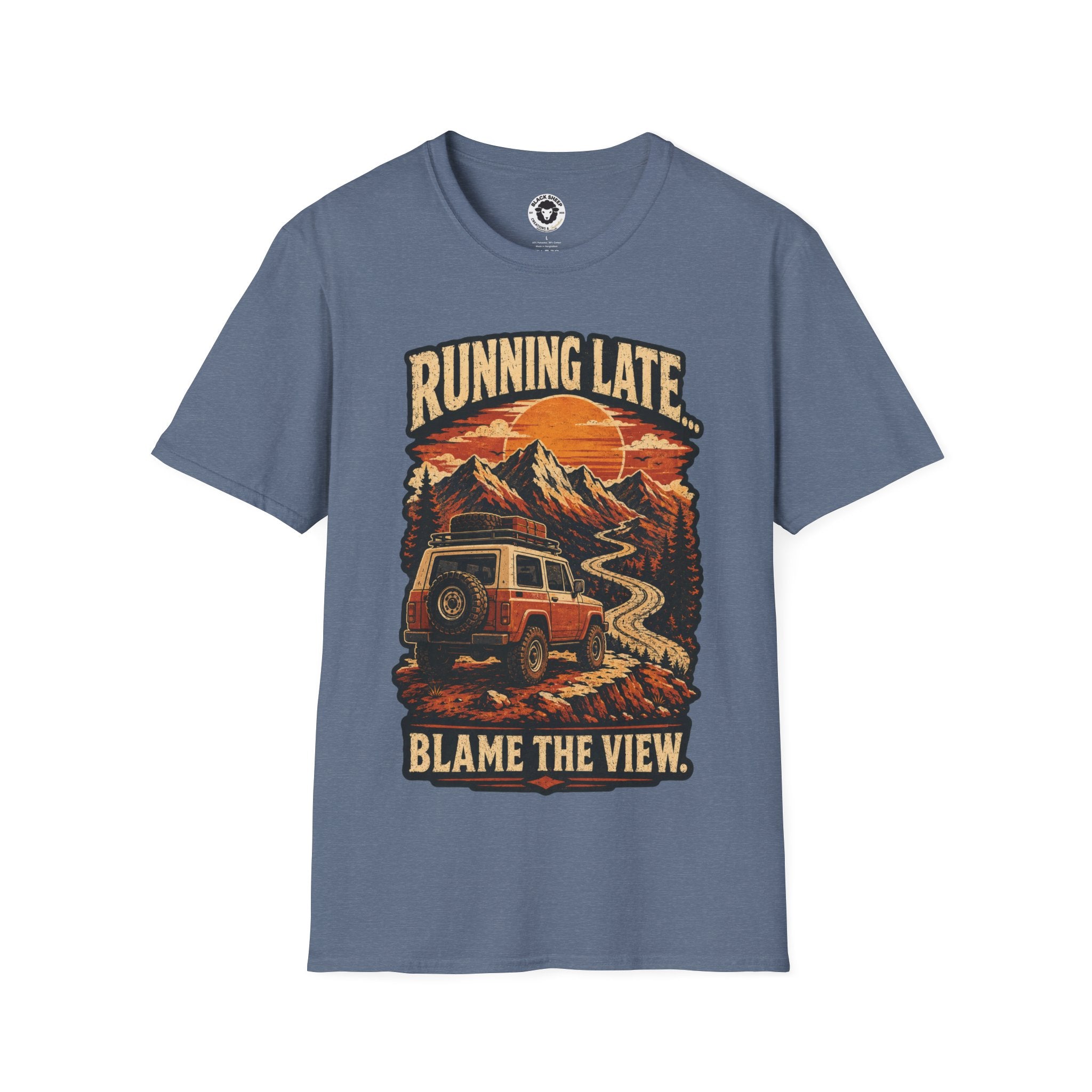 Running Late Adventure T‑Shirt — Retro Mountain Camper Graphic