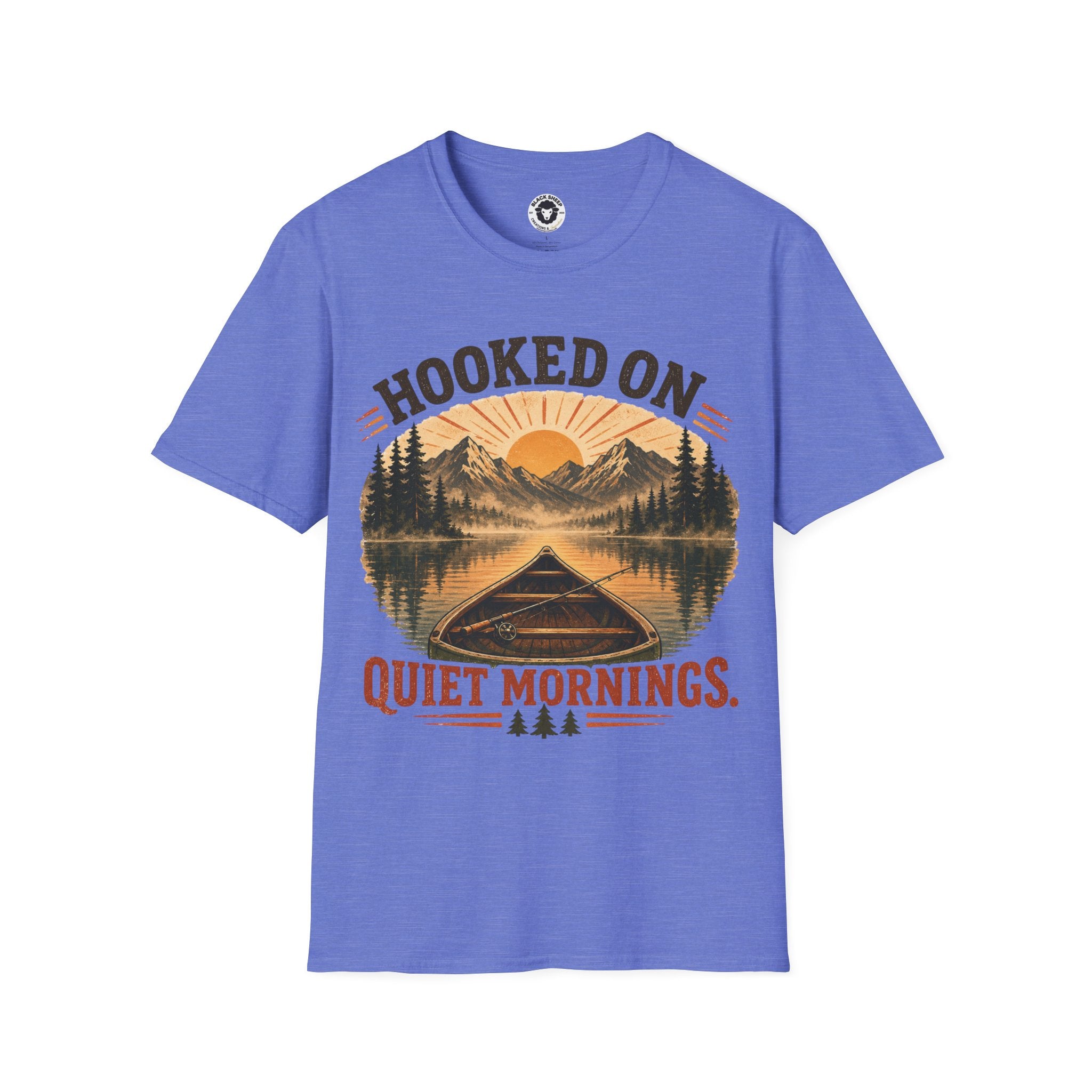 Camping T-Shirt — "Hooked On Quiet Mornings" Retro Mountain & Lake Fishing Tee