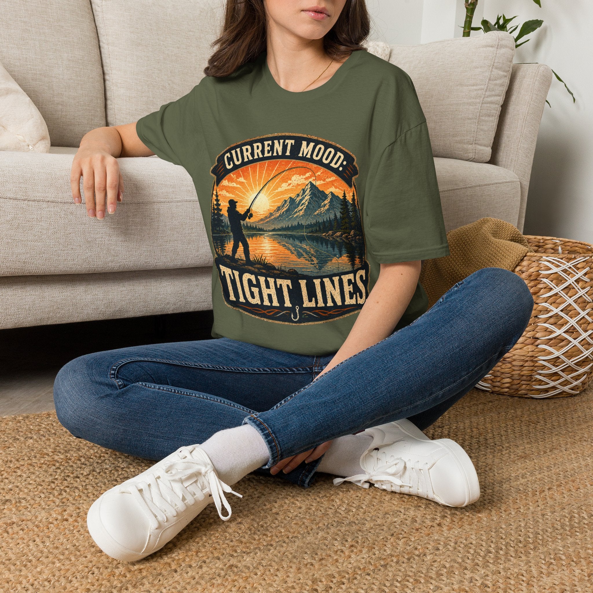 Fishing T-Shirt — “Current Mood: Tight Lines” Vintage Outdoors Tee