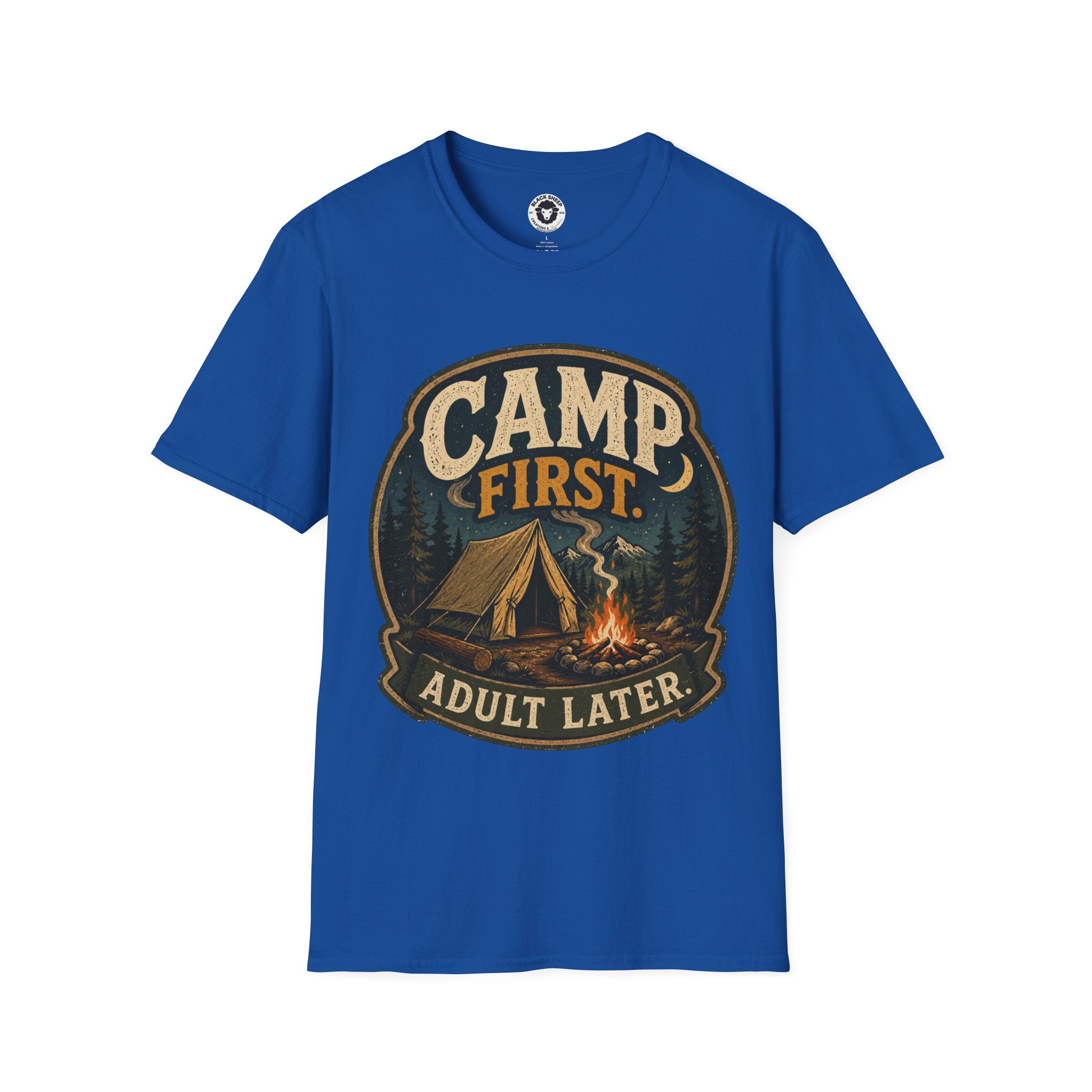 Camp First T‑Shirt — "Camp First, Adult Later" Vintage Camping Tee
