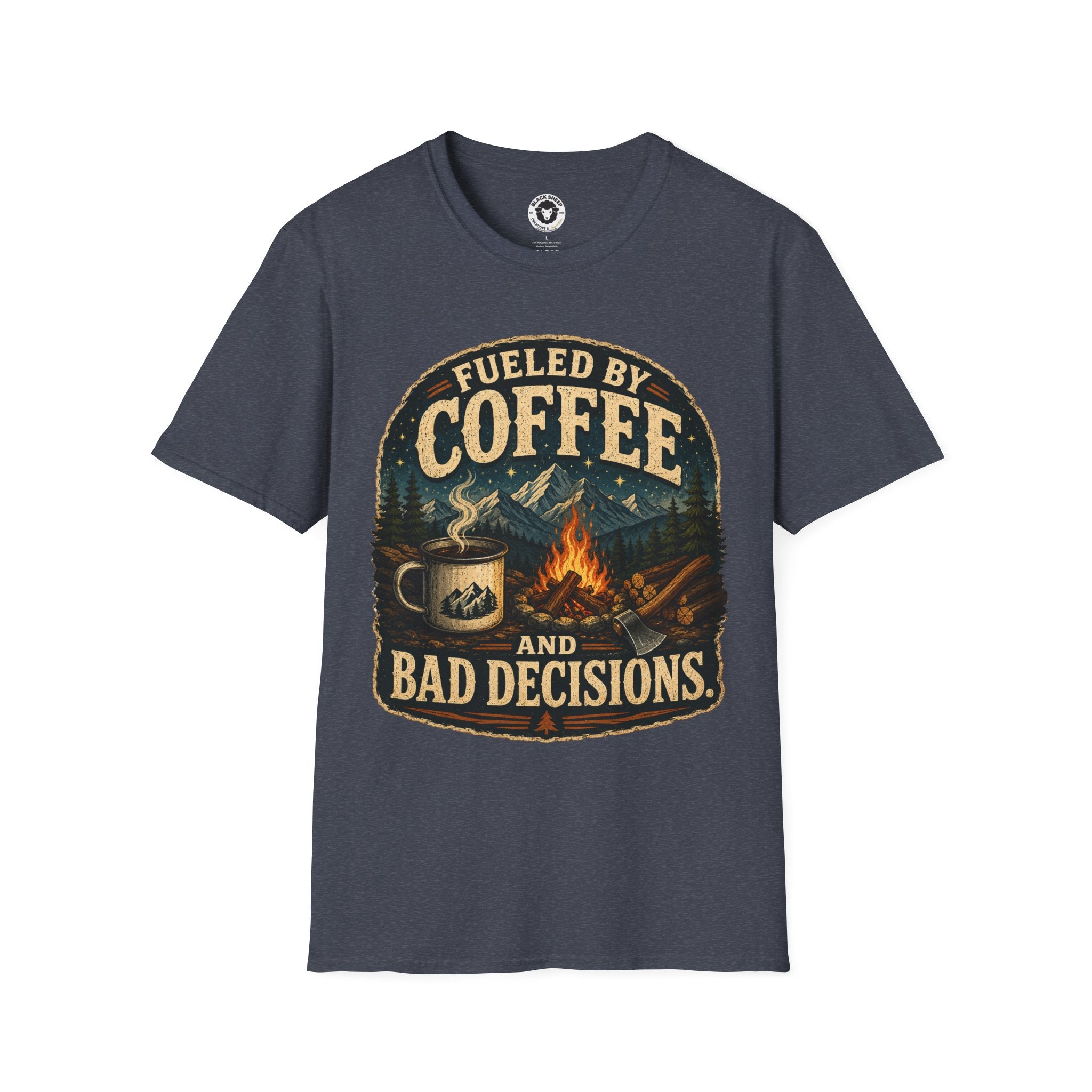 Coffee T-Shirt — "Fueled by Coffee (and Bad Decisions)" Vintage Camping Tee