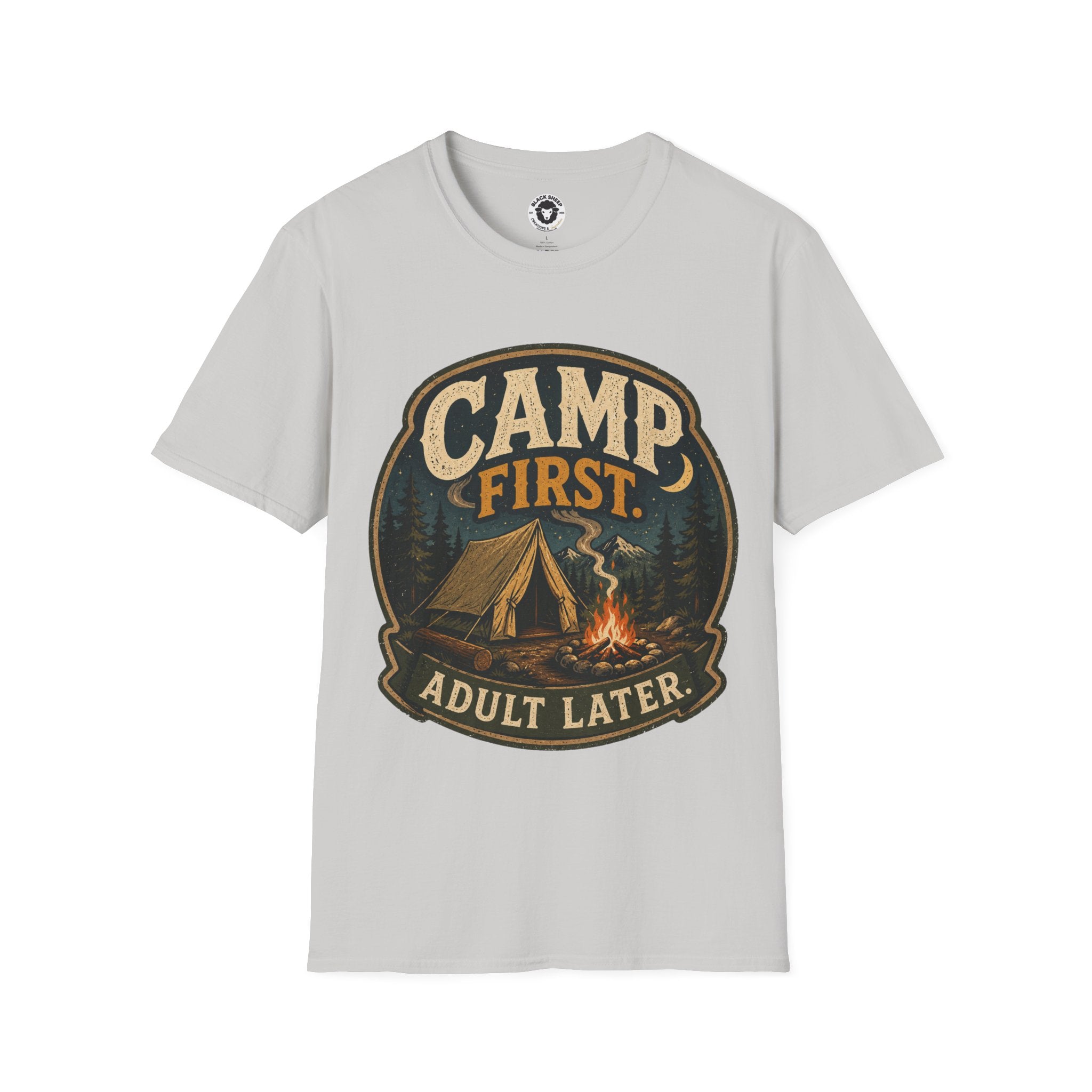 Camp First T‑Shirt — "Camp First, Adult Later" Vintage Camping Tee