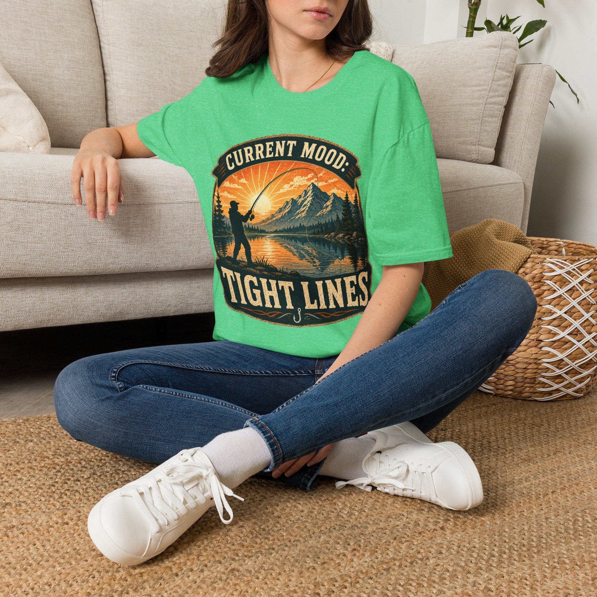 Fishing T-Shirt — “Current Mood: Tight Lines” Vintage Outdoors Tee