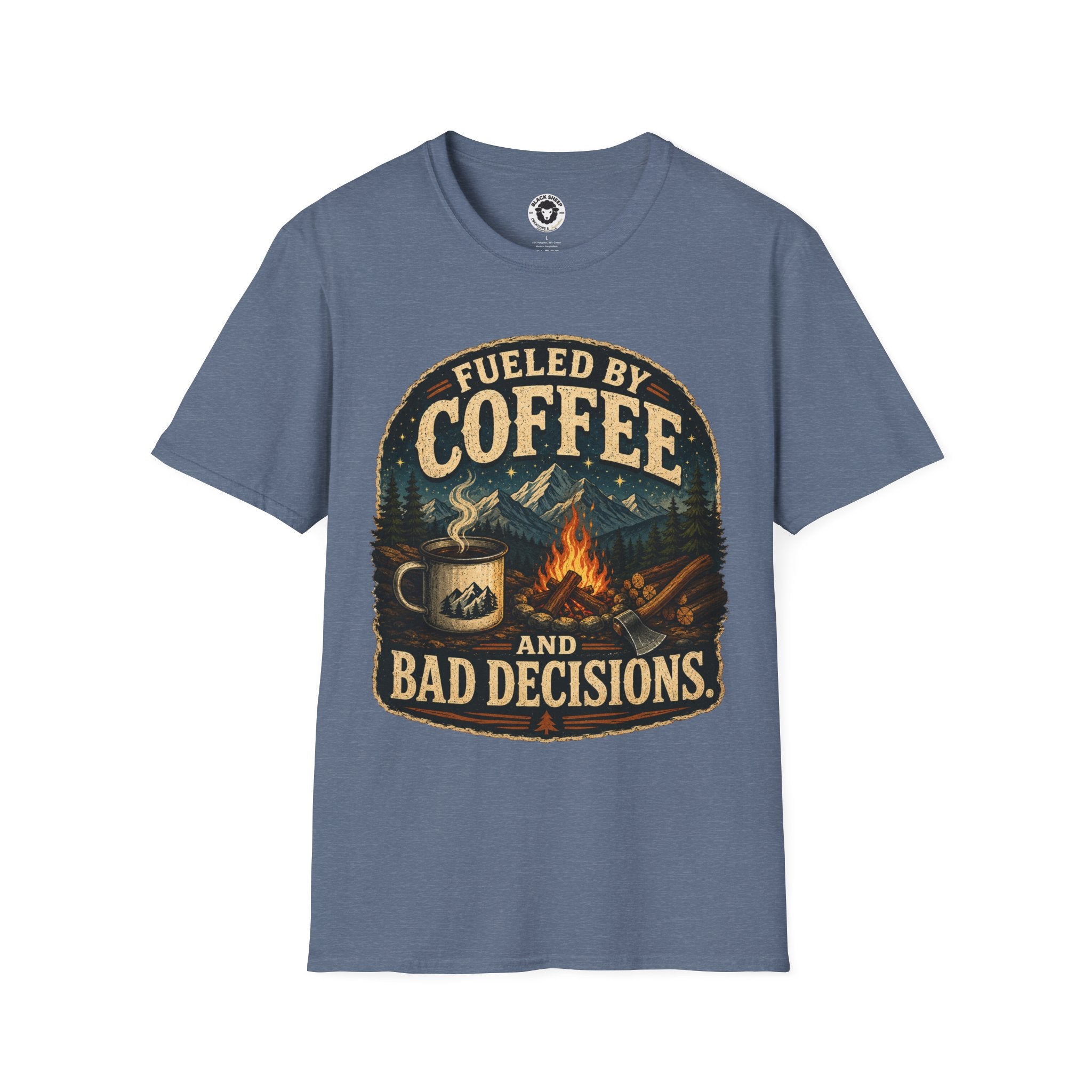 Coffee T-Shirt — "Fueled by Coffee (and Bad Decisions)" Vintage Camping Tee