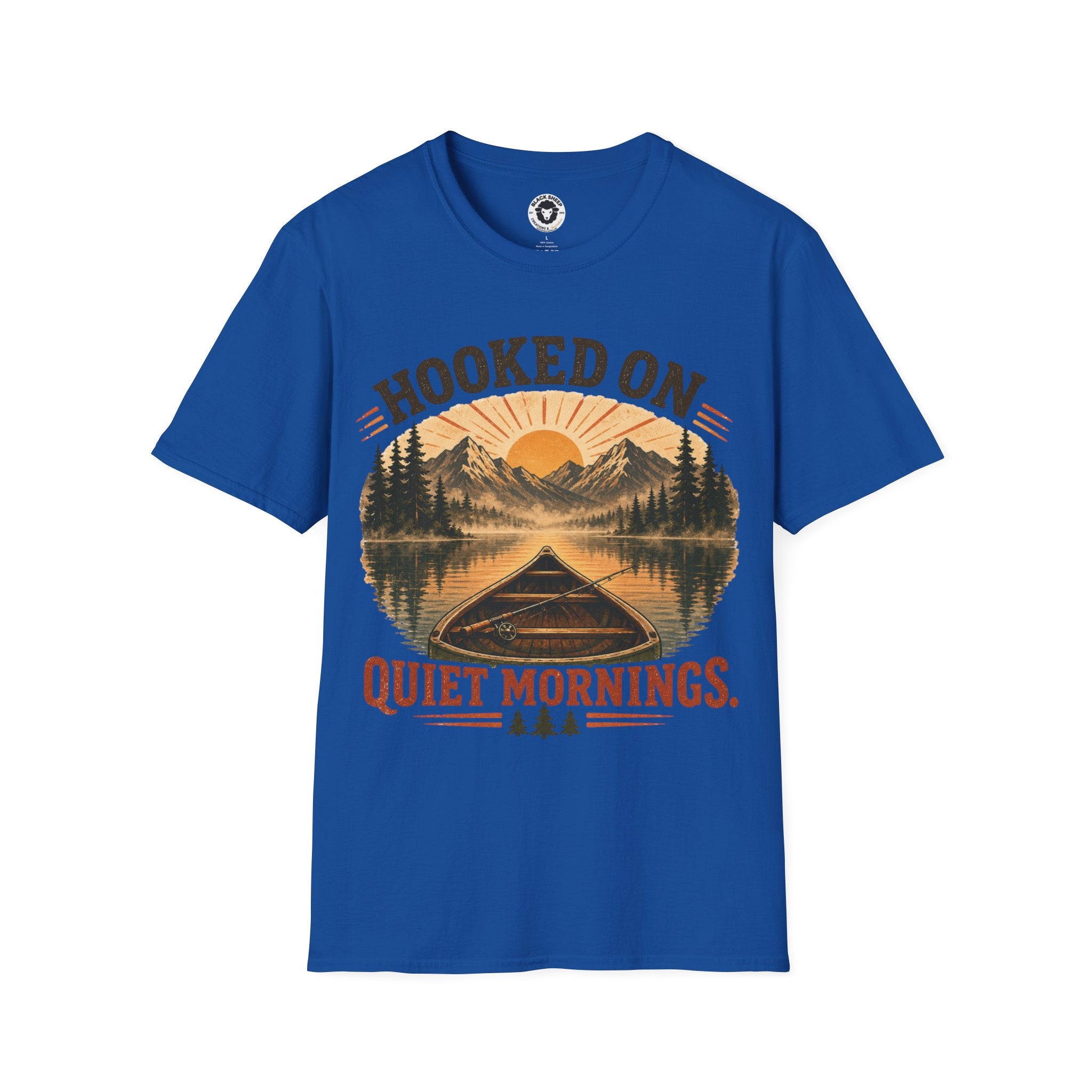 Camping T-Shirt — "Hooked On Quiet Mornings" Retro Mountain & Lake Fishing Tee