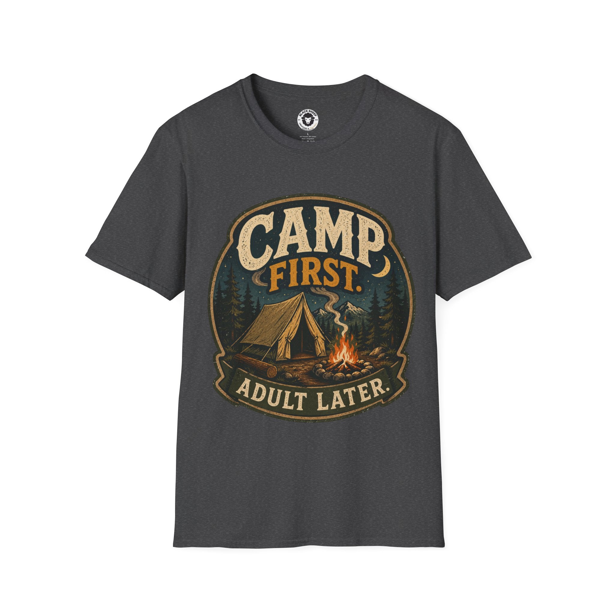 Camp First T‑Shirt — "Camp First, Adult Later" Vintage Camping Tee