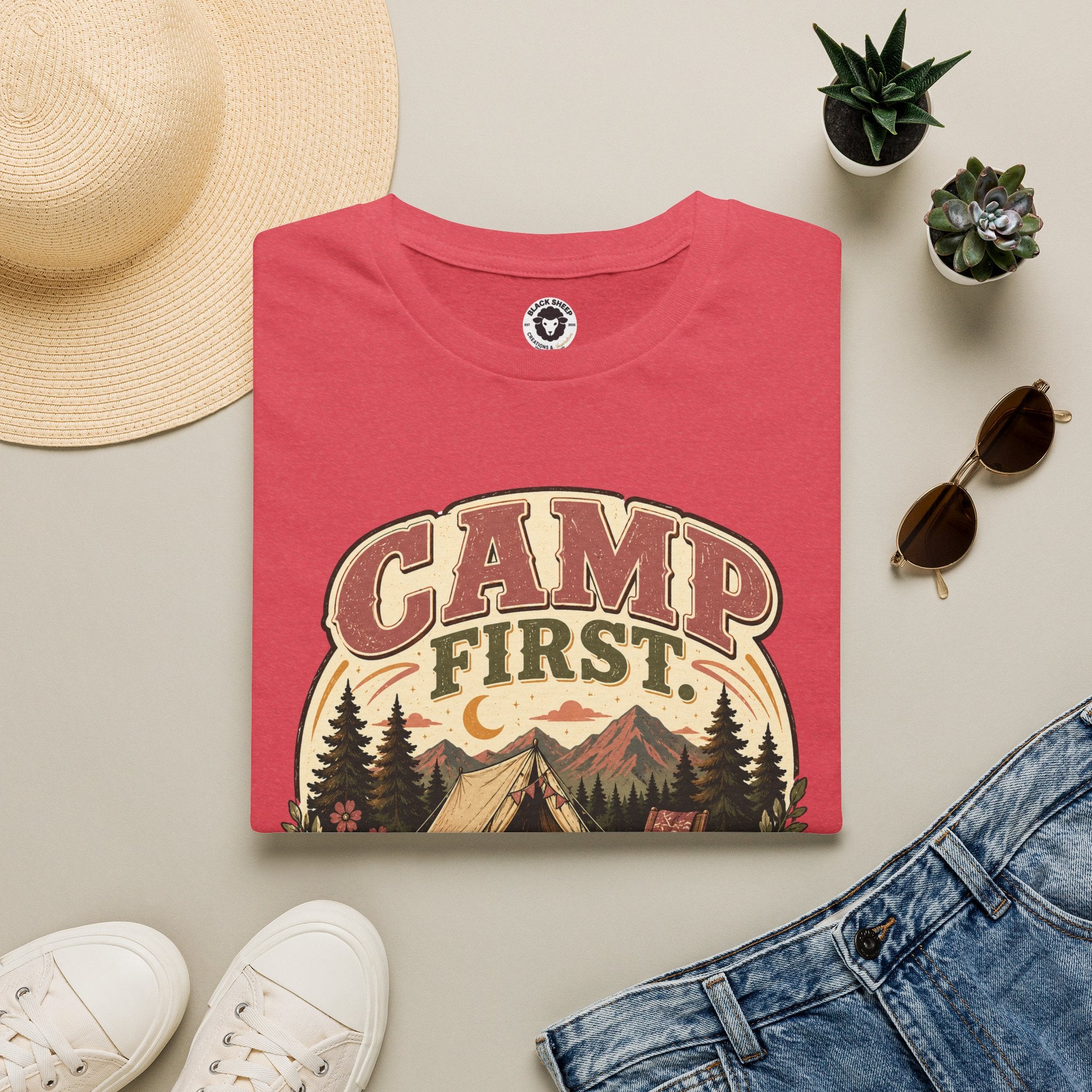 Camp First T-Shirt — Vintage Camping Tee ("Camp First, Adult Later")