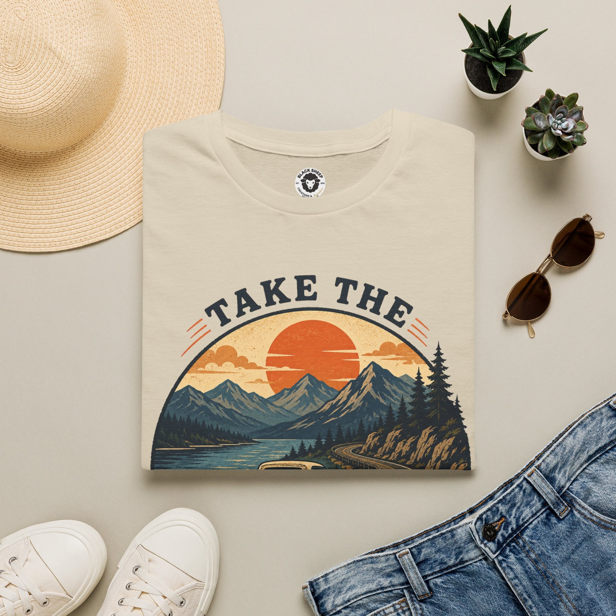 Long Road Adventure T-Shirt — “Take the Long Way Home” Vintage Mountain Sunset Tee