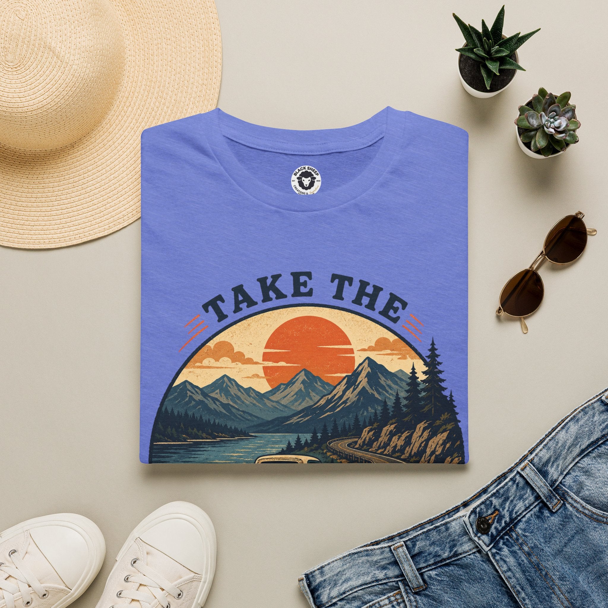 Long Road Adventure T-Shirt — “Take the Long Way Home” Vintage Mountain Sunset Tee