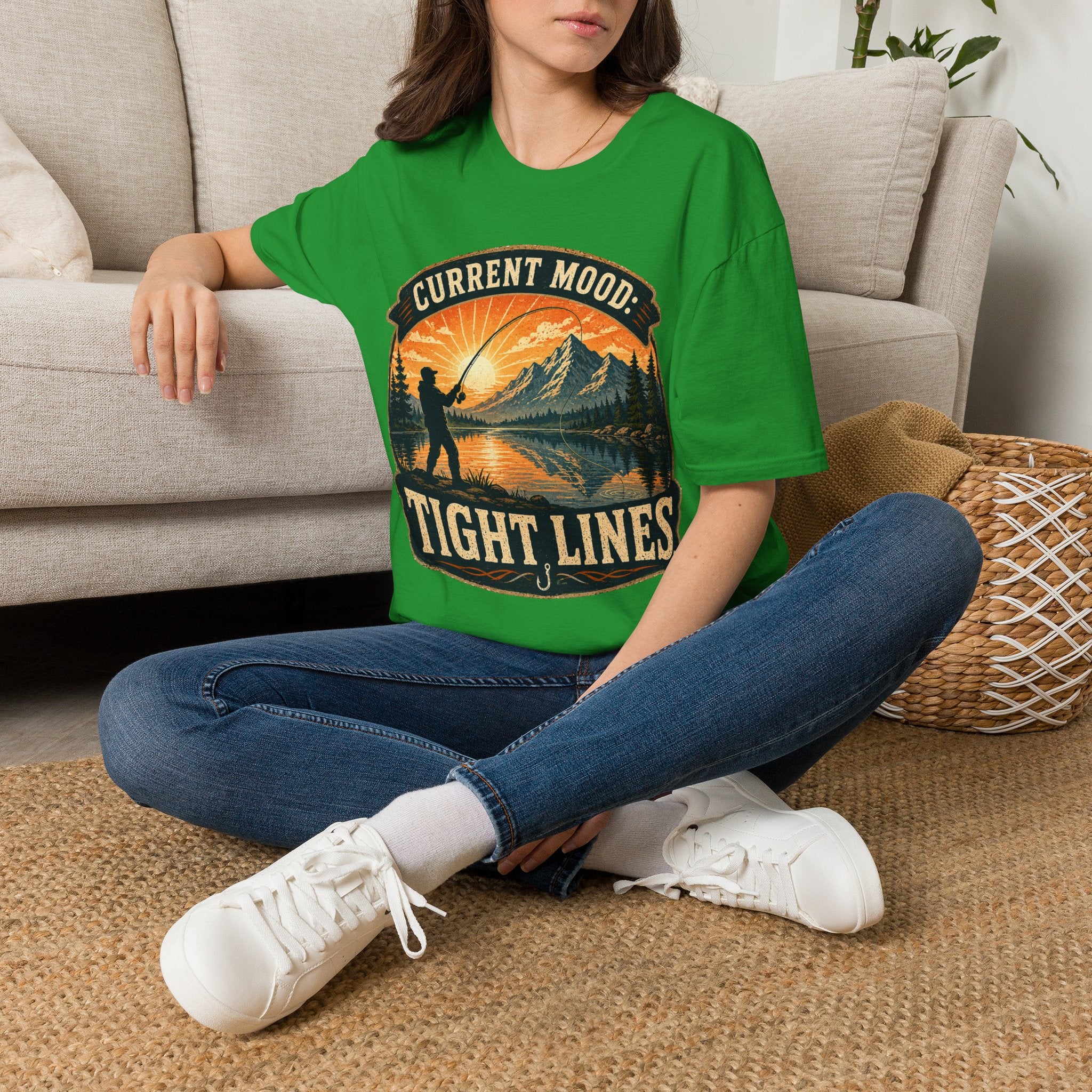Fishing T-Shirt — “Current Mood: Tight Lines” Vintage Outdoors Tee