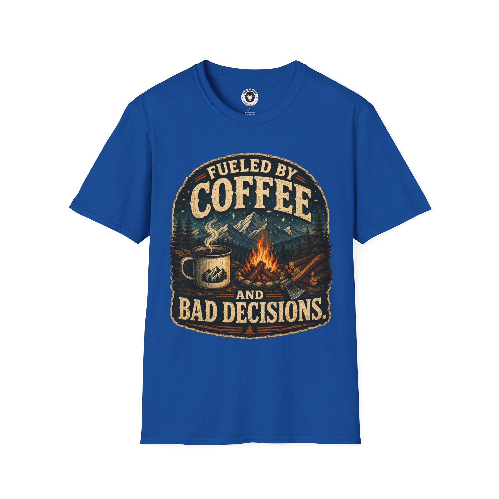 Coffee T-Shirt — "Fueled by Coffee (and Bad Decisions)" Vintage Camping Tee