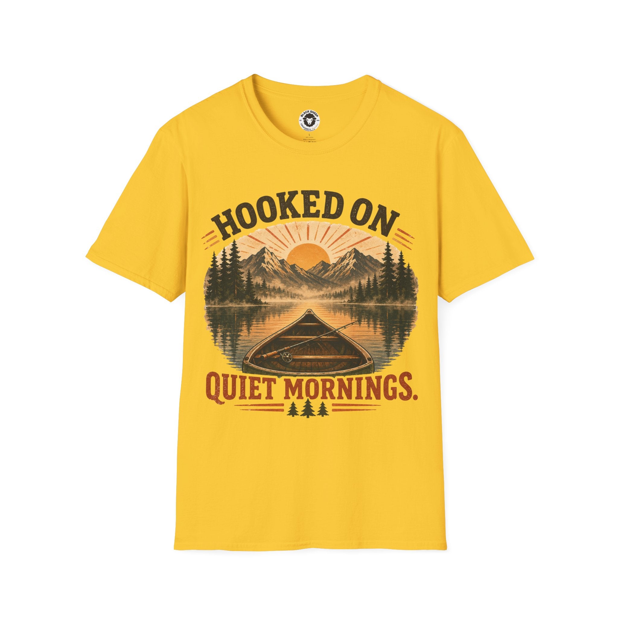 Camping T-Shirt — "Hooked On Quiet Mornings" Retro Mountain & Lake Fishing Tee