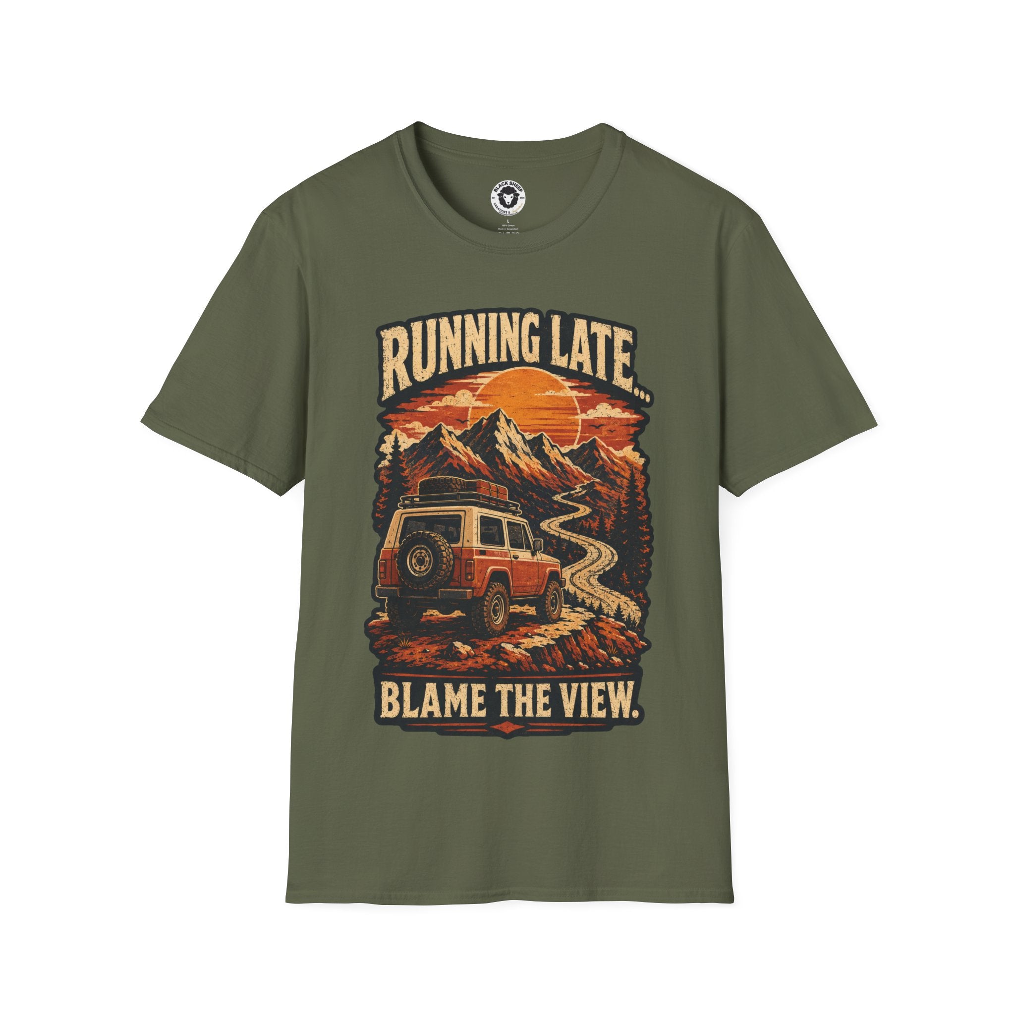 Running Late Adventure T‑Shirt — Retro Mountain Camper Graphic