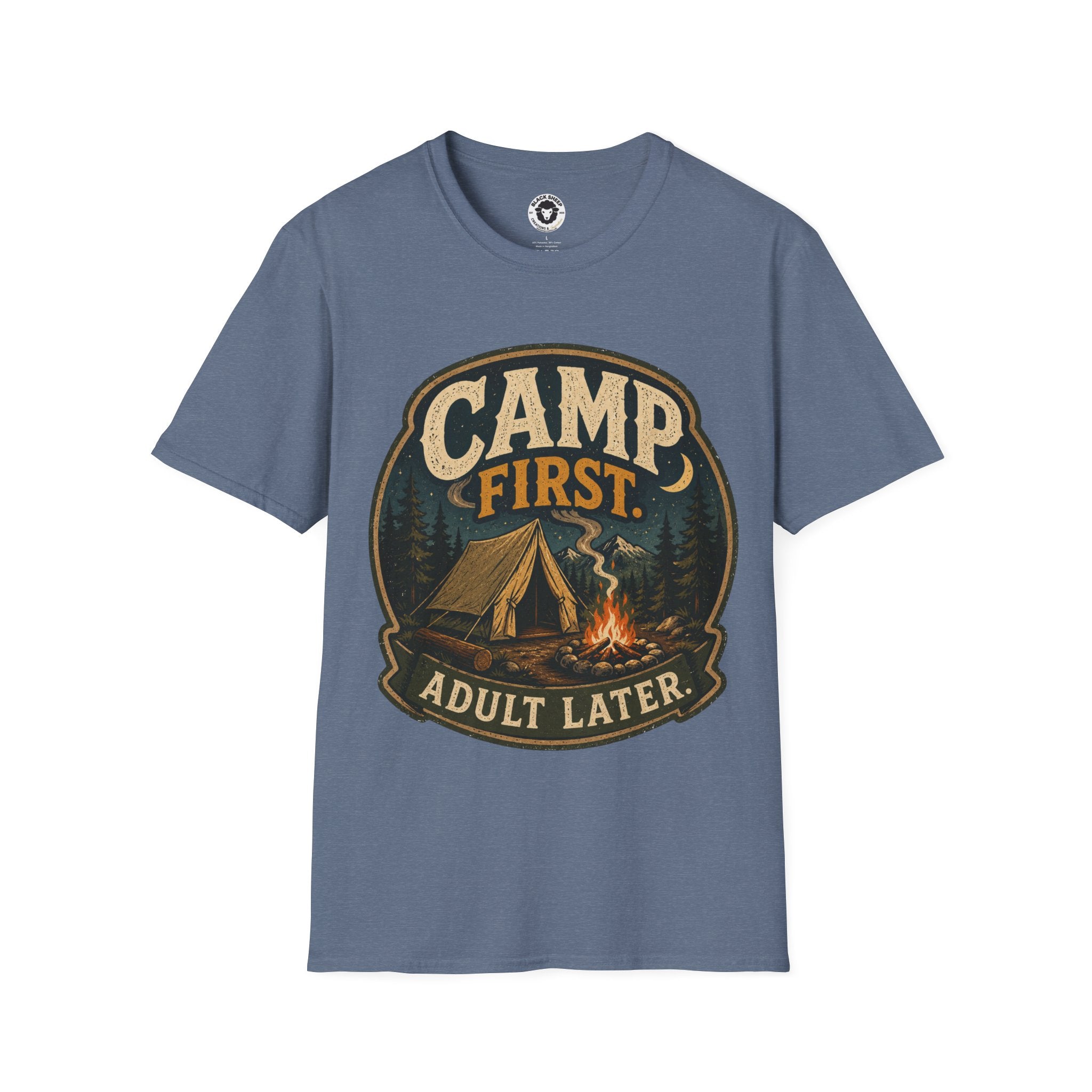 Camp First T‑Shirt — "Camp First, Adult Later" Vintage Camping Tee