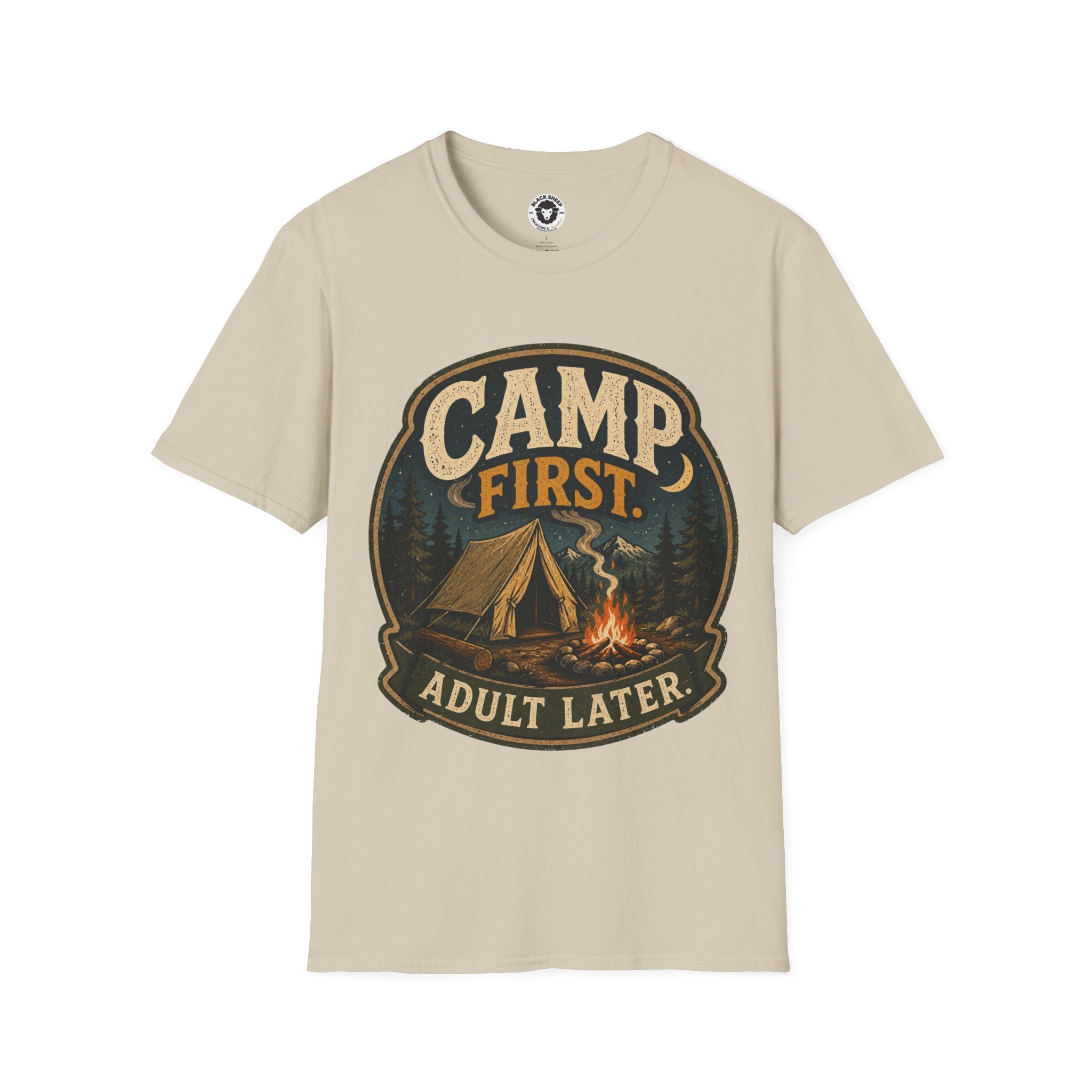 Camp First T‑Shirt — "Camp First, Adult Later" Vintage Camping Tee
