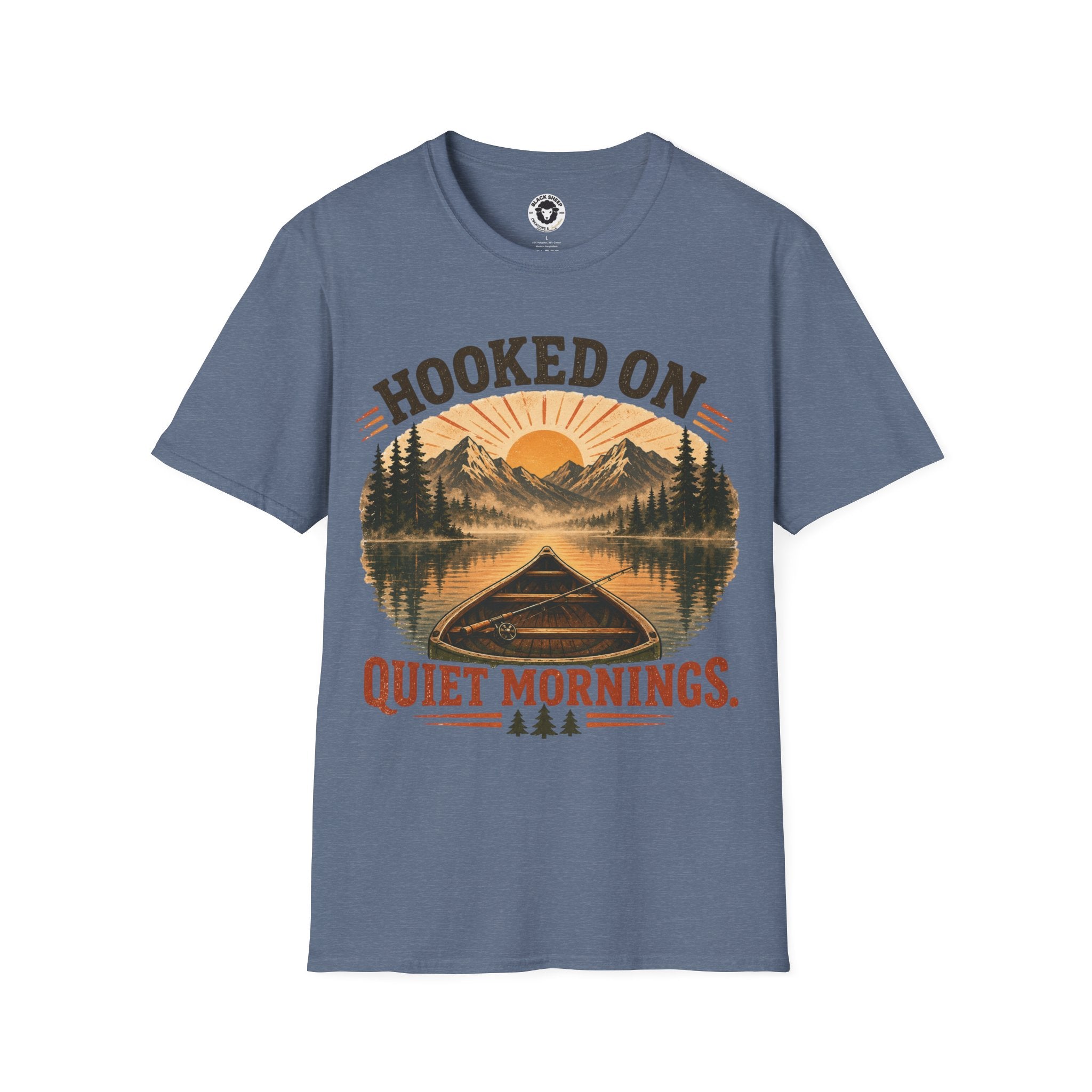 Camping T-Shirt — "Hooked On Quiet Mornings" Retro Mountain & Lake Fishing Tee