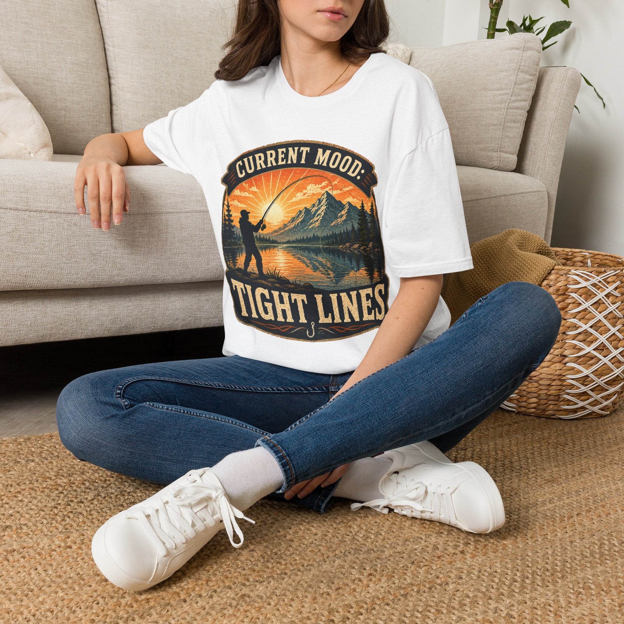 Fishing T-Shirt — “Current Mood: Tight Lines” Vintage Outdoors Tee