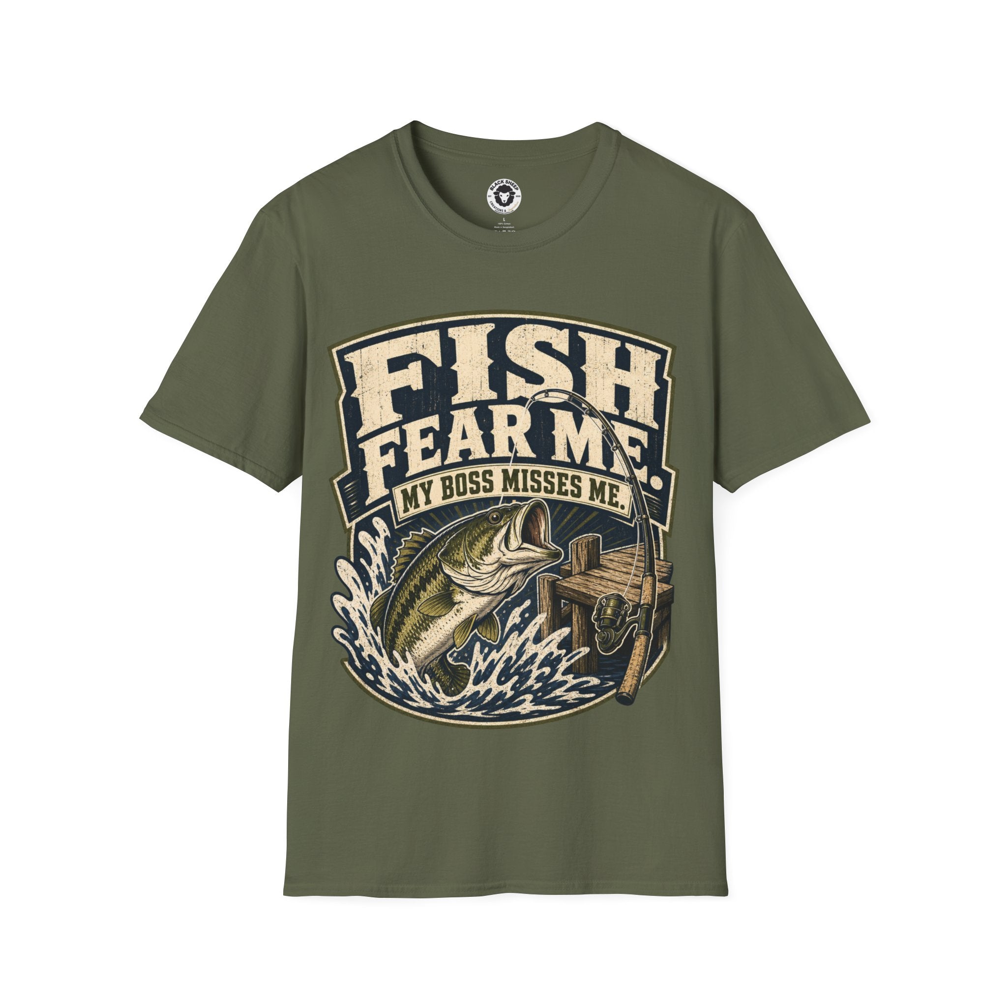 Fishing T-Shirt — "Fish Fear Me, My Boss Misses Me" Graphic Tee for Anglers