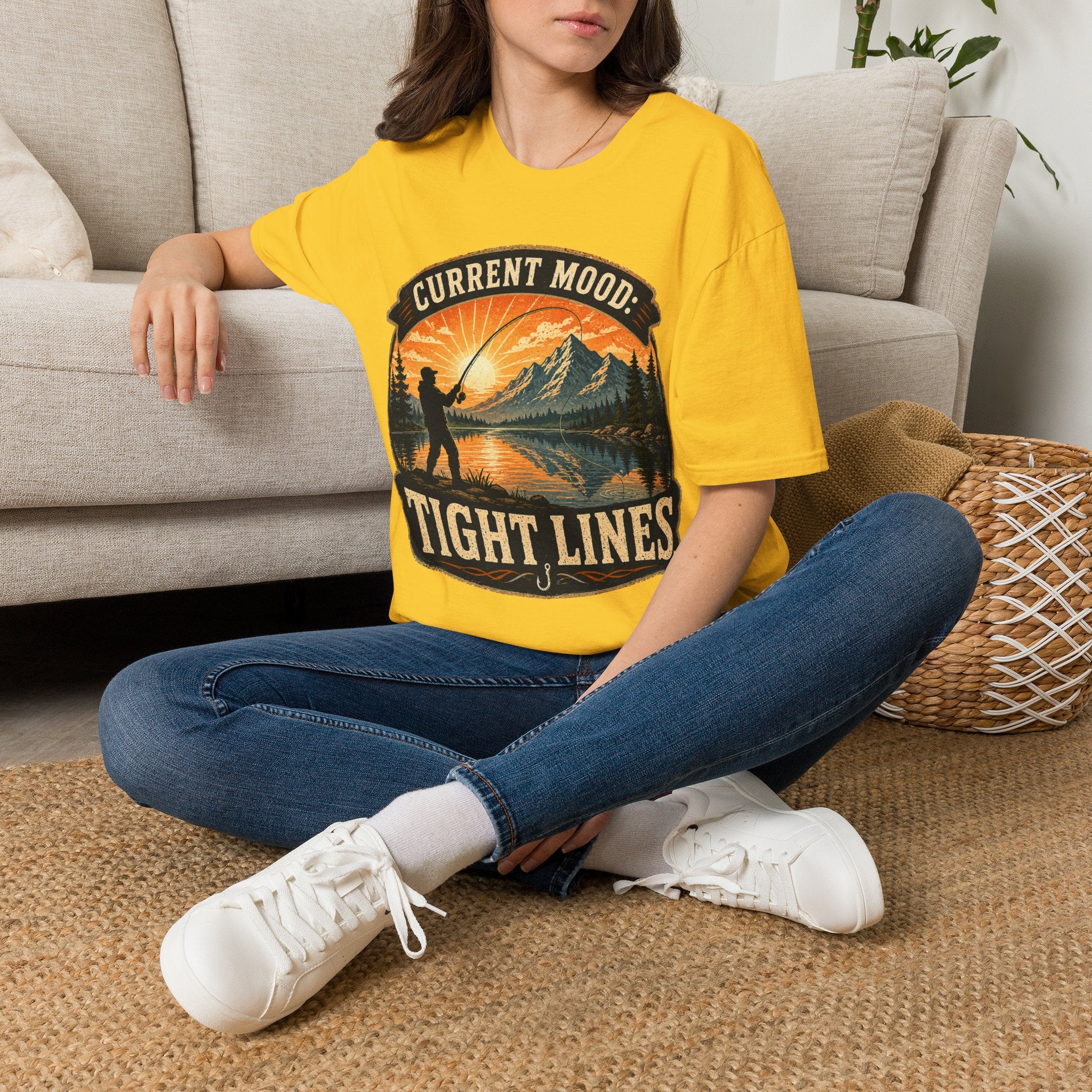 Fishing T-Shirt — “Current Mood: Tight Lines” Vintage Outdoors Tee