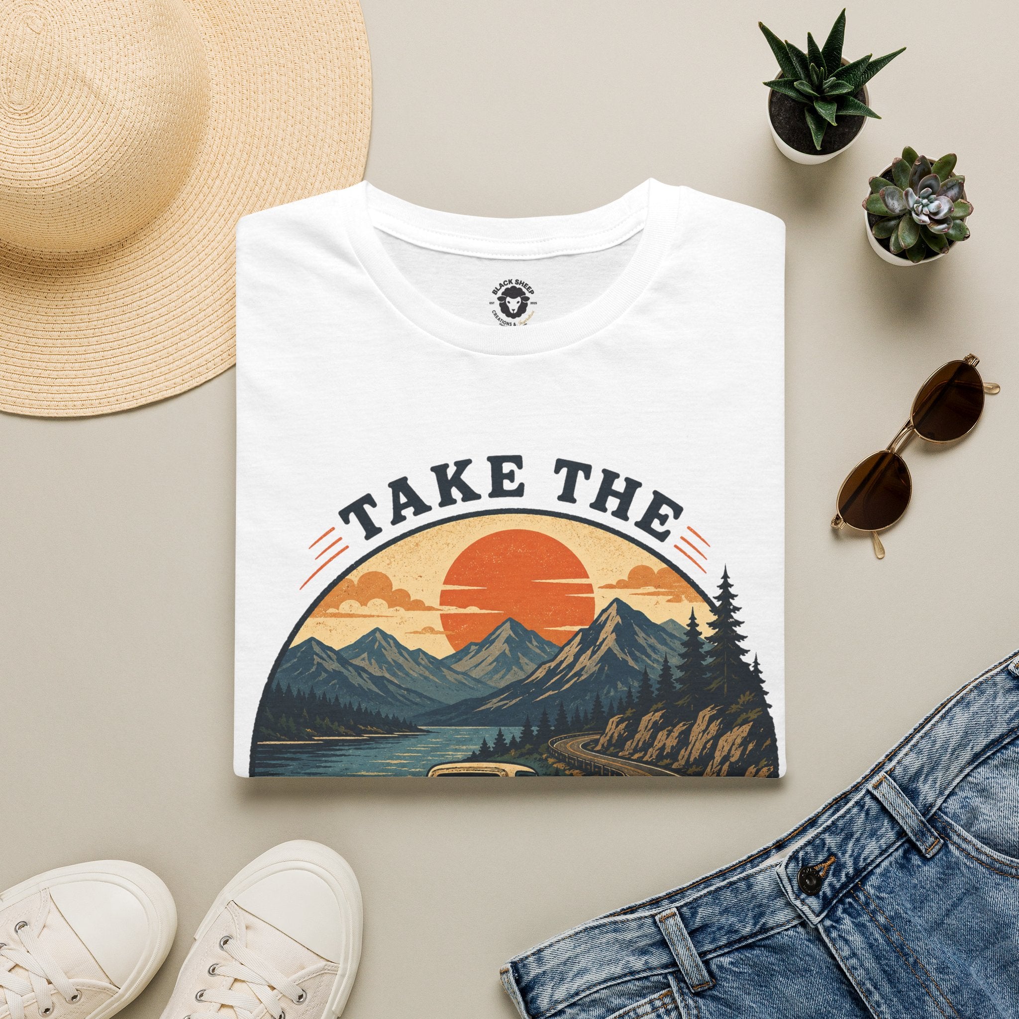 Long Road Adventure T-Shirt — “Take the Long Way Home” Vintage Mountain Sunset Tee